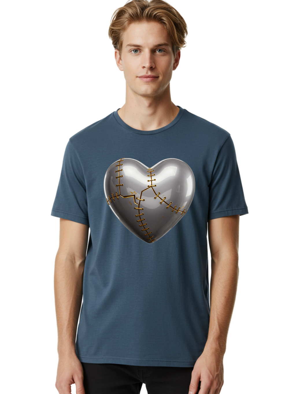 Gray-Heart-With-Gold-Stitches Men'S Graphic Tee, 100% Cotton, Comfortable Casual Summer Wear, Machine Washable, Broken Heart, Kintsugi Repair, Gold Stitching, Mended Love, Heartbreak Healing, Symbolic Art, 3D Rendering, Emotional Recovery, Bae026