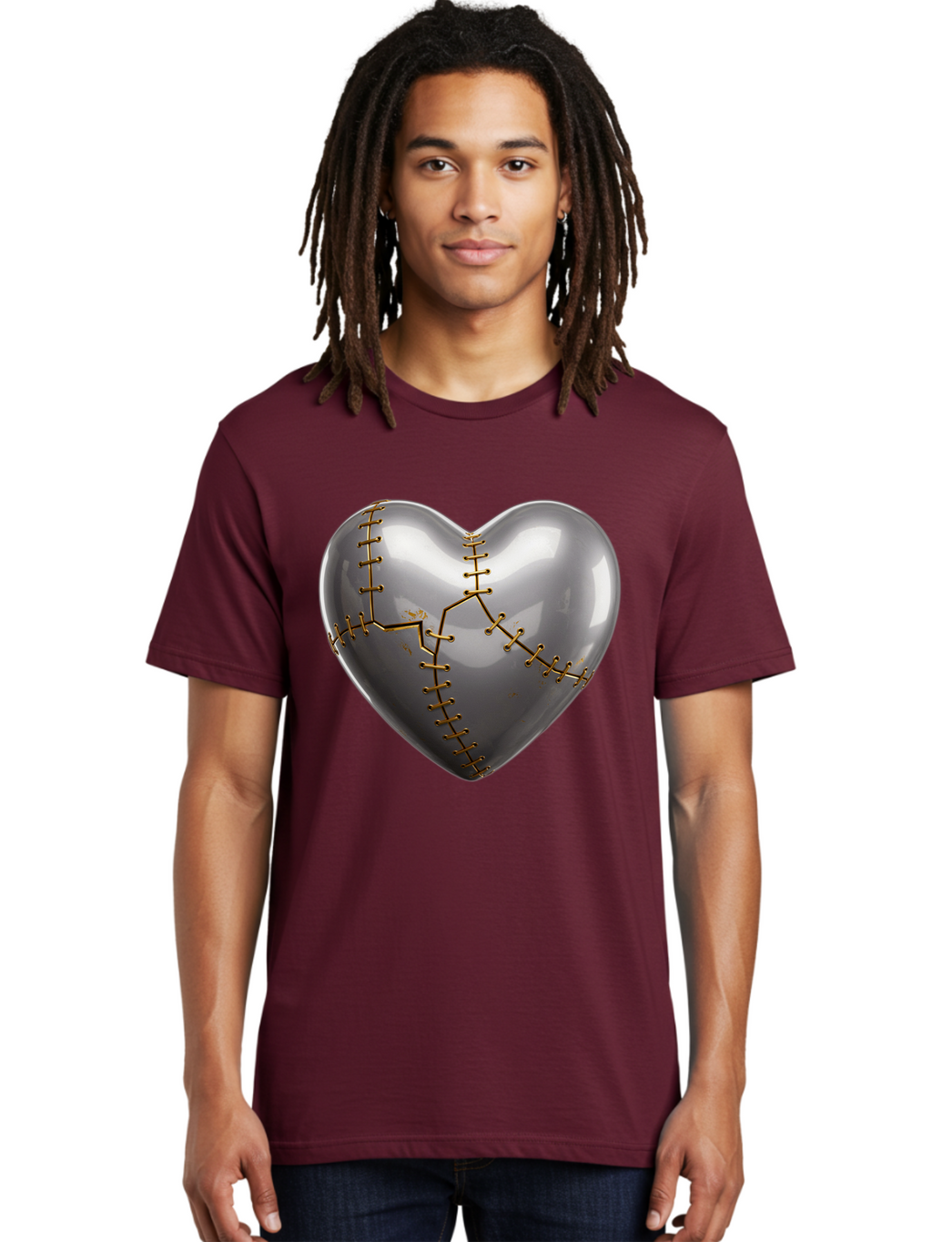 Gray-Heart-With-Gold-Stitches Men'S Graphic Tee, 100% Cotton, Comfortable Casual Summer Wear, Machine Washable, Broken Heart, Kintsugi Repair, Gold Stitching, Mended Love, Heartbreak Healing, Symbolic Art, 3D Rendering, Emotional Recovery, Bae026