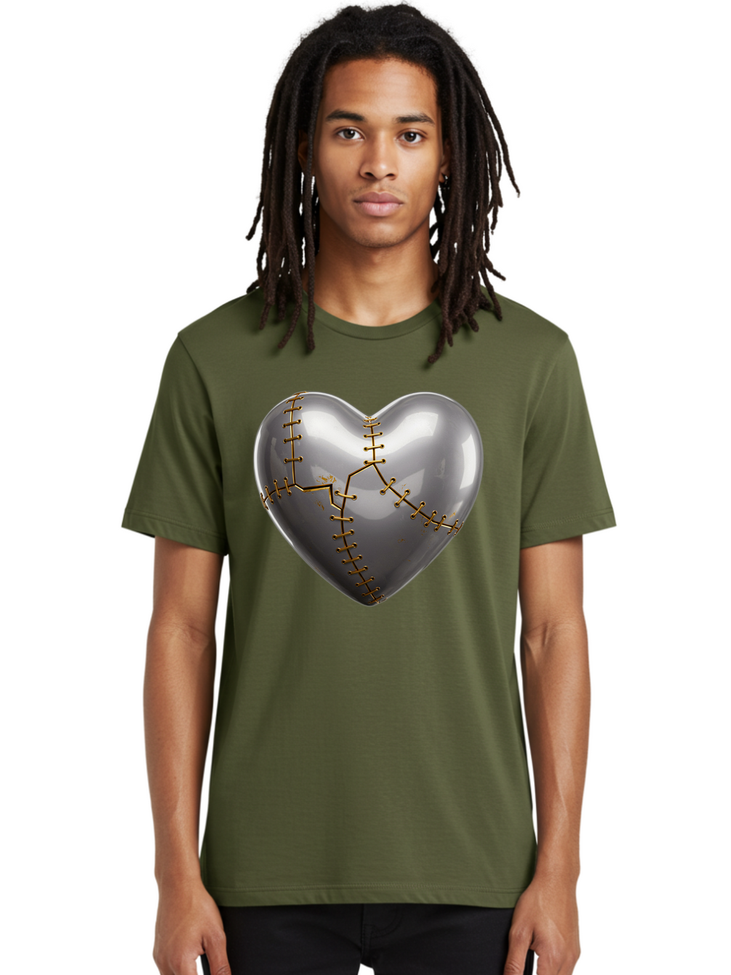 Gray-Heart-With-Gold-Stitches Men'S Graphic Tee, 100% Cotton, Comfortable Casual Summer Wear, Machine Washable, Broken Heart, Kintsugi Repair, Gold Stitching, Mended Love, Heartbreak Healing, Symbolic Art, 3D Rendering, Emotional Recovery, Bae026