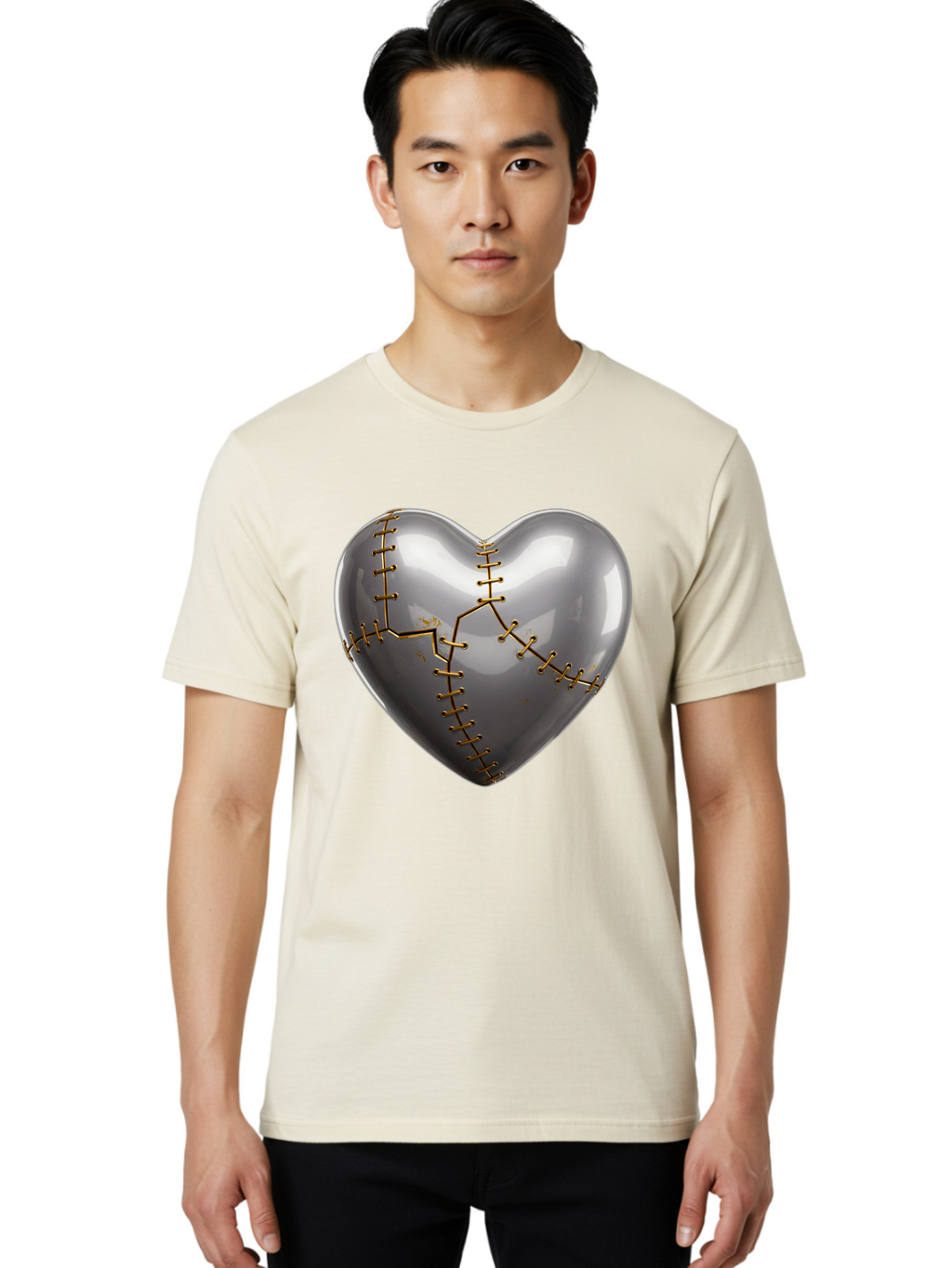 Gray-Heart-With-Gold-Stitches Men'S Graphic Tee, 100% Cotton, Comfortable Casual Summer Wear, Machine Washable, Broken Heart, Kintsugi Repair, Gold Stitching, Mended Love, Heartbreak Healing, Symbolic Art, 3D Rendering, Emotional Recovery, Bae026