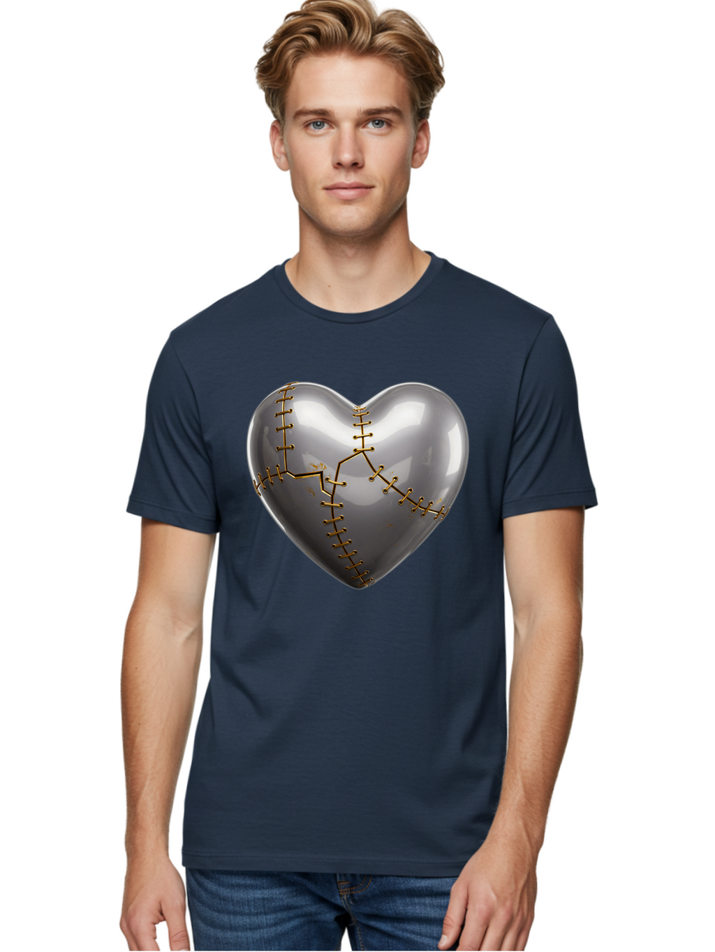 Gray-Heart-With-Gold-Stitches Men'S Graphic Tee, 100% Cotton, Comfortable Casual Summer Wear, Machine Washable, Broken Heart, Kintsugi Repair, Gold Stitching, Mended Love, Heartbreak Healing, Symbolic Art, 3D Rendering, Emotional Recovery, Bae026