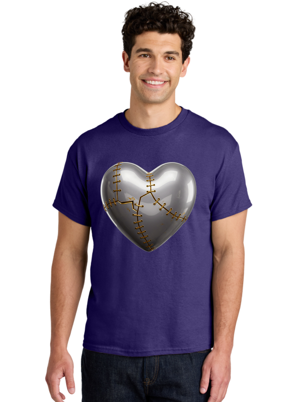 Gray-Heart-With-Gold-Stitches Men'S Graphic Tee, 100% Cotton, Comfortable Casual Summer Wear, Machine Washable, Broken Heart, Kintsugi Repair, Gold Stitching, Mended Love, Heartbreak Healing, Symbolic Art, 3D Rendering, Emotional Recovery, Bae026