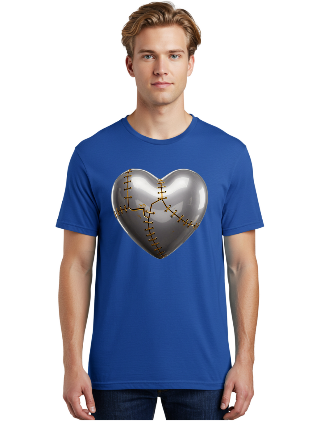 Gray-Heart-With-Gold-Stitches Men'S Graphic Tee, 100% Cotton, Comfortable Casual Summer Wear, Machine Washable, Broken Heart, Kintsugi Repair, Gold Stitching, Mended Love, Heartbreak Healing, Symbolic Art, 3D Rendering, Emotional Recovery, Bae026