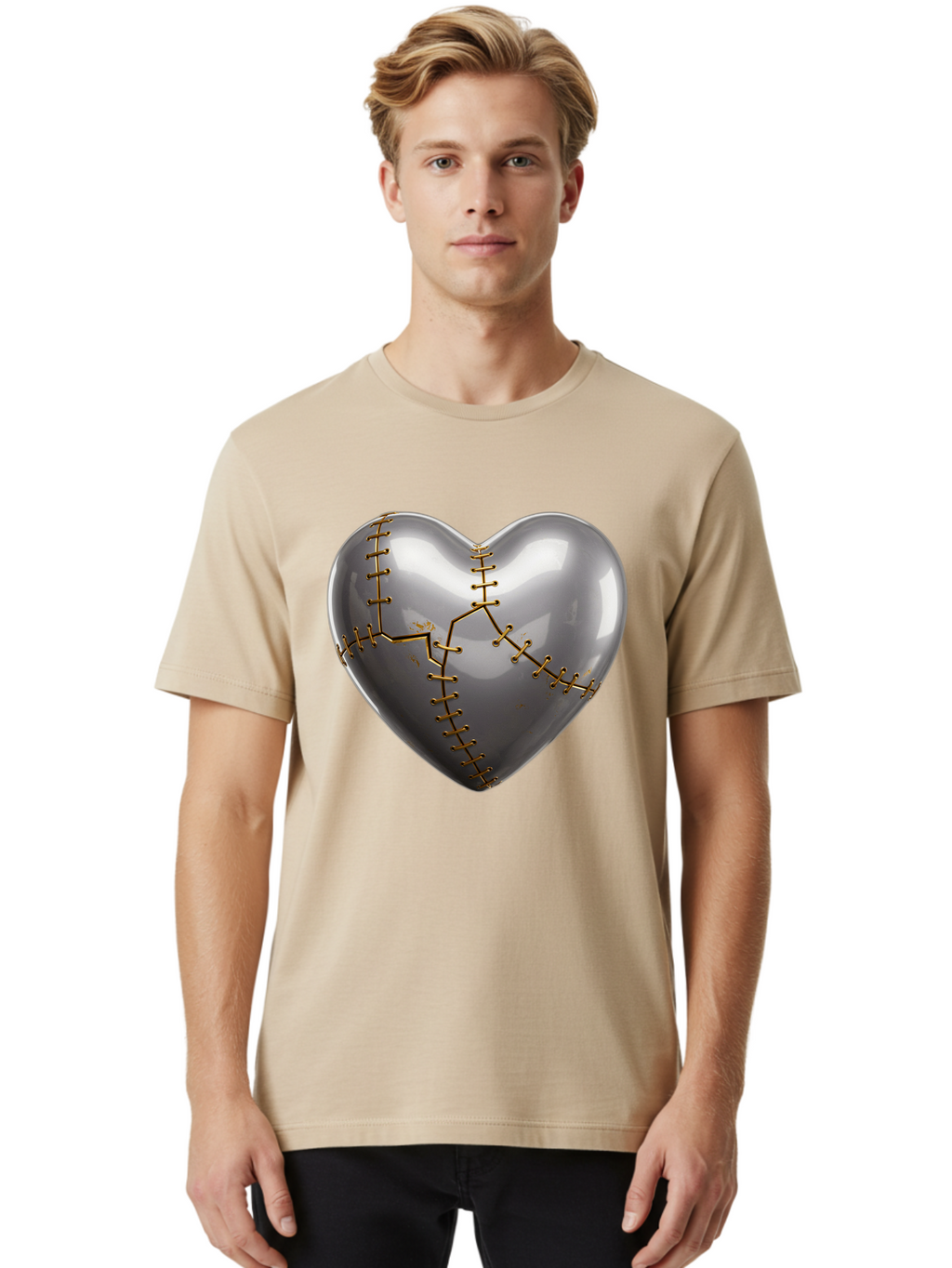 Gray-Heart-With-Gold-Stitches Men'S Graphic Tee, 100% Cotton, Comfortable Casual Summer Wear, Machine Washable, Broken Heart, Kintsugi Repair, Gold Stitching, Mended Love, Heartbreak Healing, Symbolic Art, 3D Rendering, Emotional Recovery, Bae026