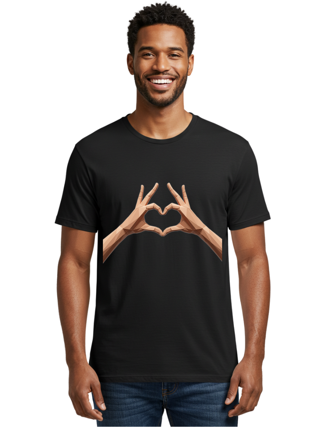 Hands-Heart-Gesture Men'S Graphic Tee, 100% Cotton, Comfortable Casual Summer Wear, Machine Washable, Low Poly Hands, Heart Shape, Love Symbol, 3D Art, Geometric Design, Affectionate Gesture, Digital Illustration, Heart Hands Bae028