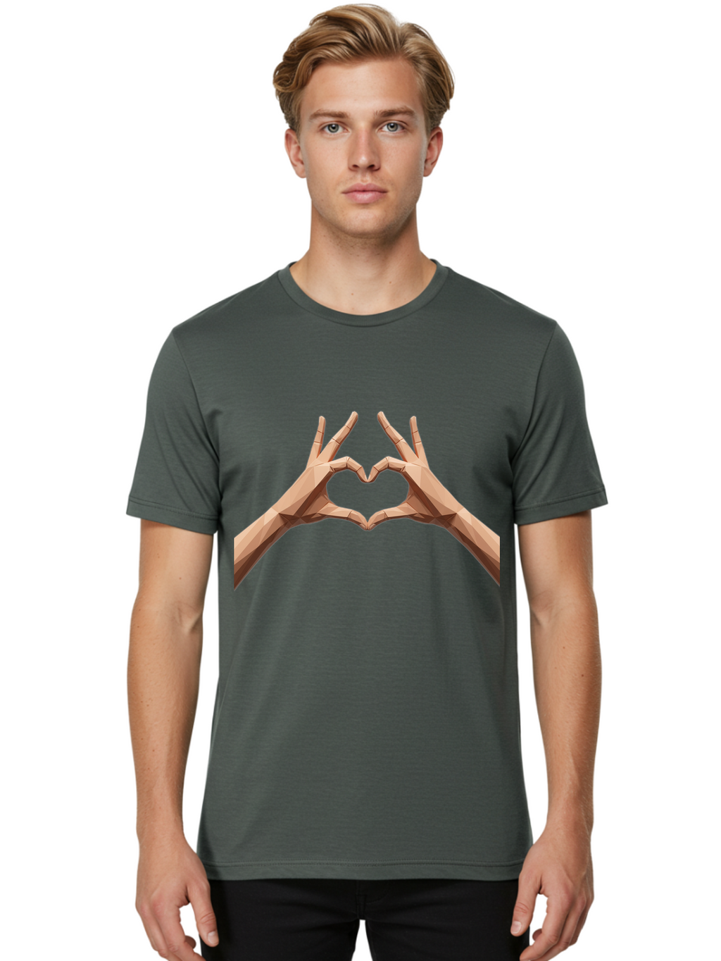 Hands-Heart-Gesture Men'S Graphic Tee, 100% Cotton, Comfortable Casual Summer Wear, Machine Washable, Low Poly Hands, Heart Shape, Love Symbol, 3D Art, Geometric Design, Affectionate Gesture, Digital Illustration, Heart Hands Bae028