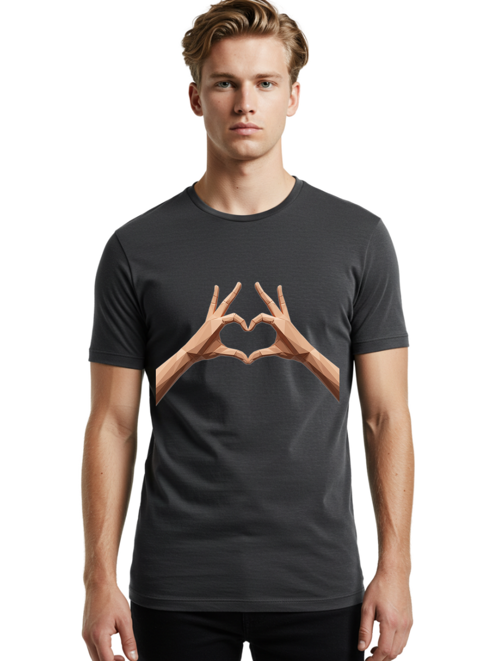 Hands-Heart-Gesture Men'S Graphic Tee, 100% Cotton, Comfortable Casual Summer Wear, Machine Washable, Low Poly Hands, Heart Shape, Love Symbol, 3D Art, Geometric Design, Affectionate Gesture, Digital Illustration, Heart Hands Bae028
