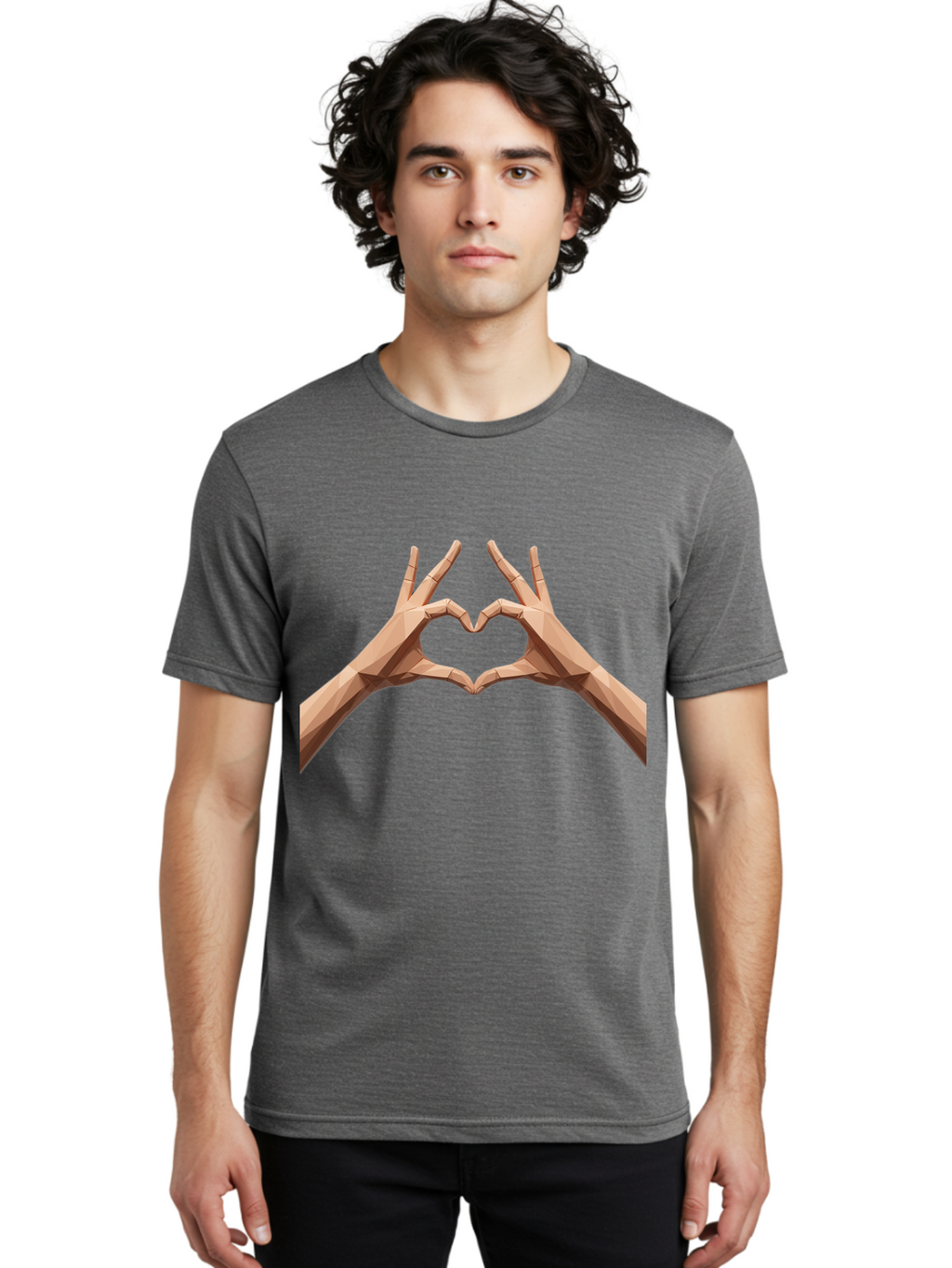 Hands-Heart-Gesture Men'S Graphic Tee, 100% Cotton, Comfortable Casual Summer Wear, Machine Washable, Low Poly Hands, Heart Shape, Love Symbol, 3D Art, Geometric Design, Affectionate Gesture, Digital Illustration, Heart Hands Bae028