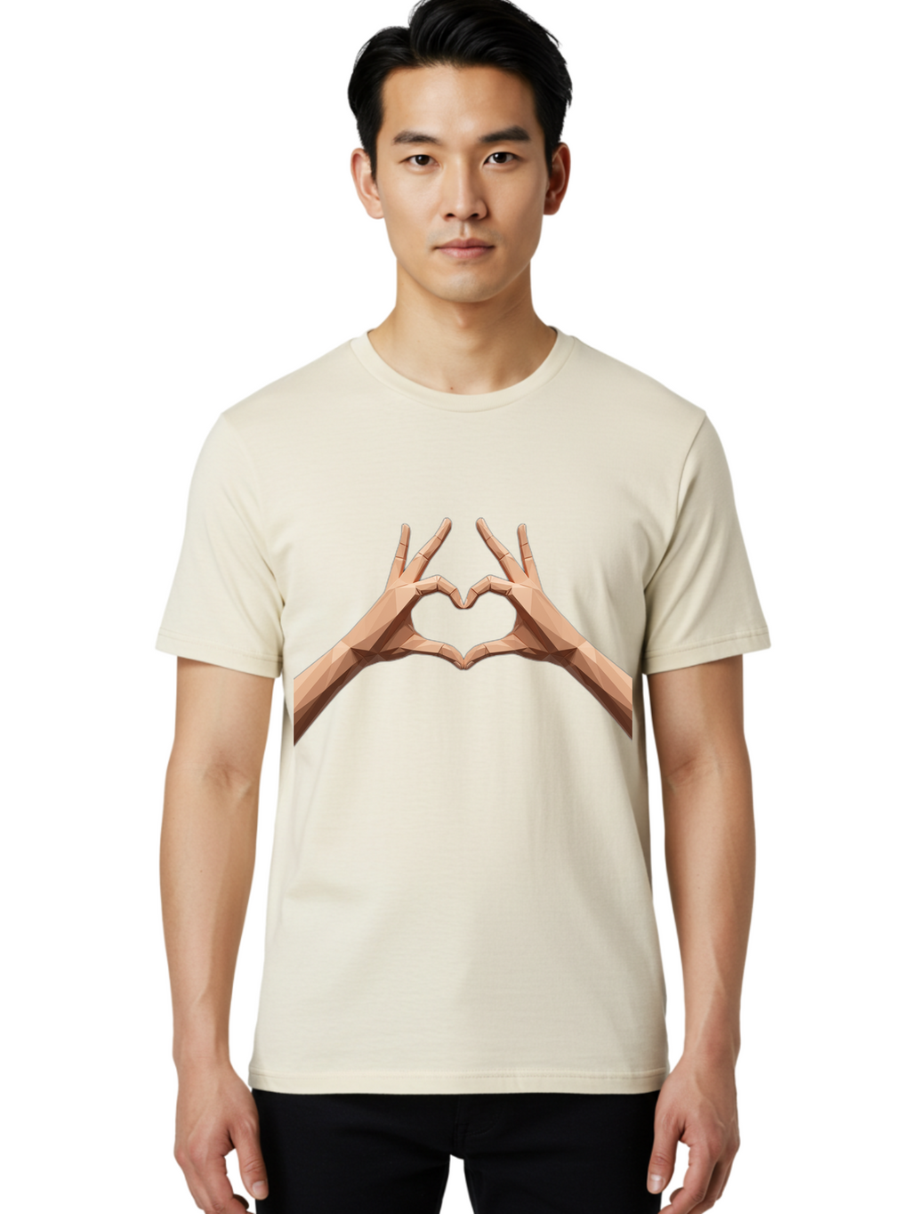 Hands-Heart-Gesture Men'S Graphic Tee, 100% Cotton, Comfortable Casual Summer Wear, Machine Washable, Low Poly Hands, Heart Shape, Love Symbol, 3D Art, Geometric Design, Affectionate Gesture, Digital Illustration, Heart Hands Bae028