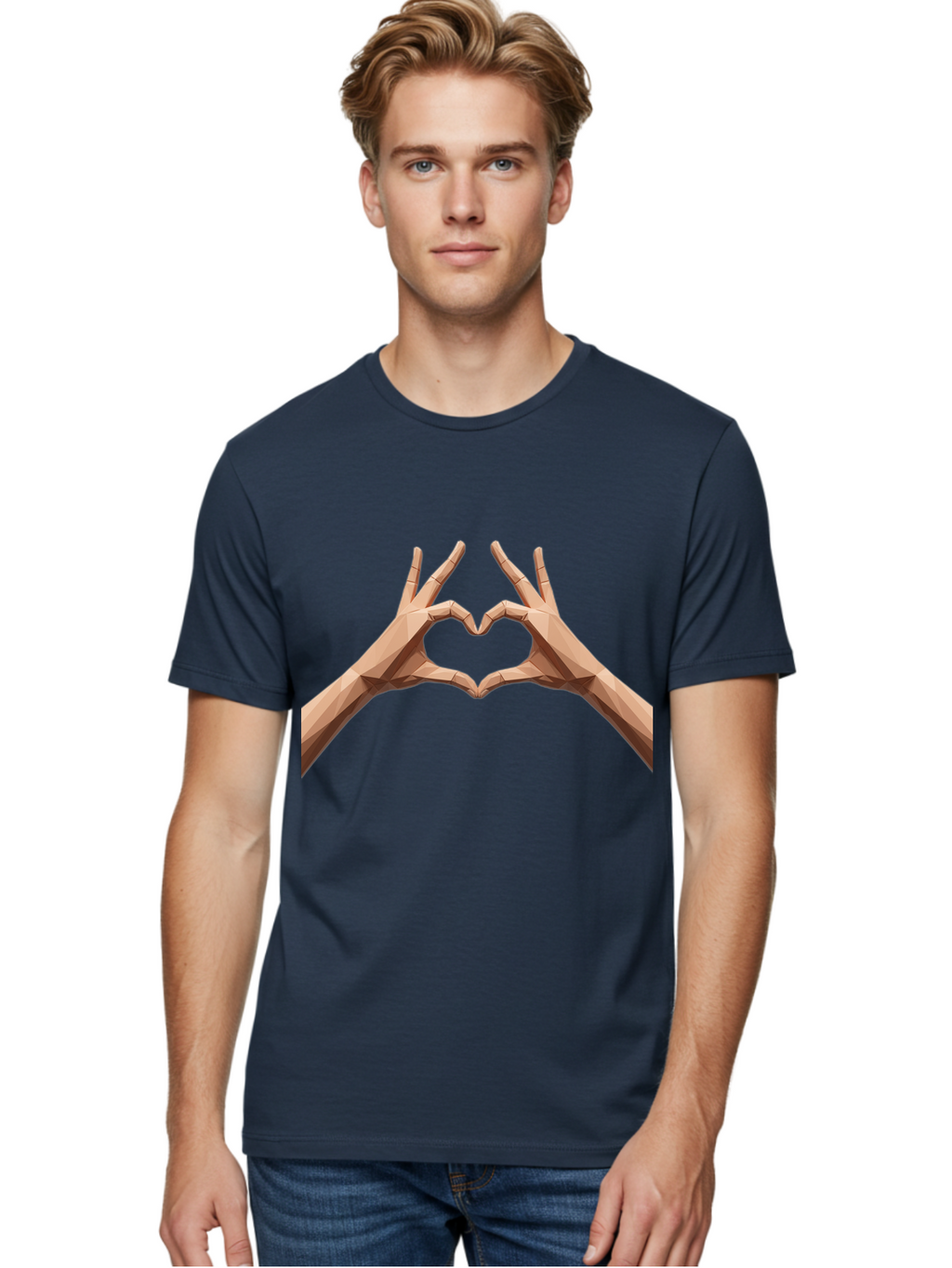 Hands-Heart-Gesture Men'S Graphic Tee, 100% Cotton, Comfortable Casual Summer Wear, Machine Washable, Low Poly Hands, Heart Shape, Love Symbol, 3D Art, Geometric Design, Affectionate Gesture, Digital Illustration, Heart Hands Bae028