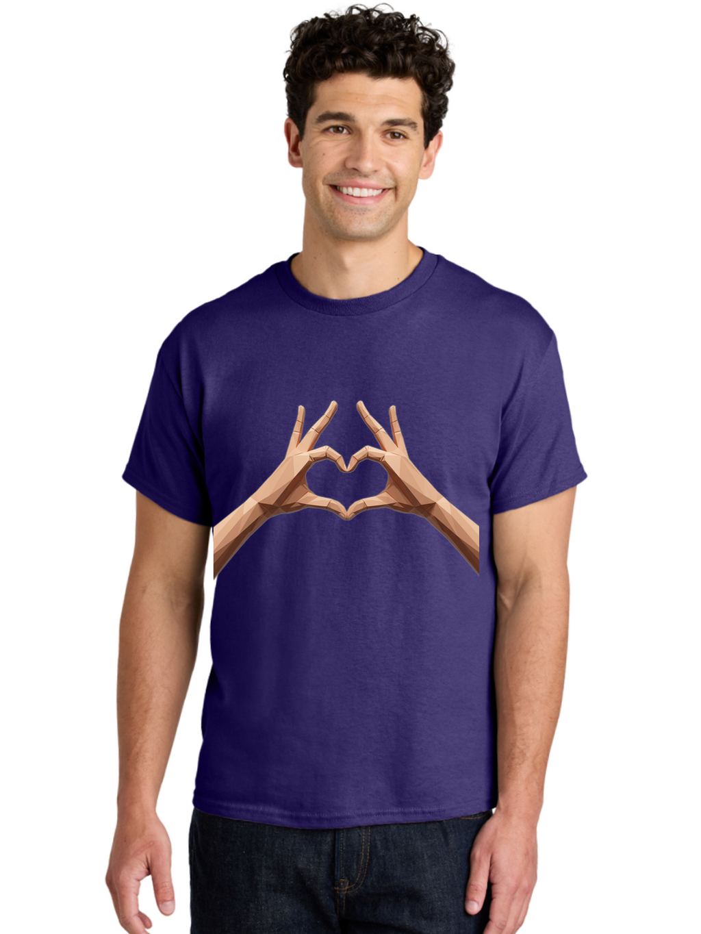 Hands-Heart-Gesture Men'S Graphic Tee, 100% Cotton, Comfortable Casual Summer Wear, Machine Washable, Low Poly Hands, Heart Shape, Love Symbol, 3D Art, Geometric Design, Affectionate Gesture, Digital Illustration, Heart Hands Bae028