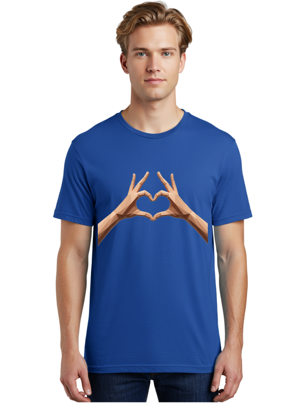 Hands-Heart-Gesture Men'S Graphic Tee, 100% Cotton, Comfortable Casual Summer Wear, Machine Washable, Low Poly Hands, Heart Shape, Love Symbol, 3D Art, Geometric Design, Affectionate Gesture, Digital Illustration, Heart Hands Bae028