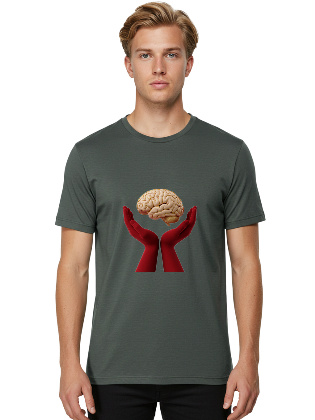 Hands-Holding-Brain-1 Men'S Graphic Tee, 100% Cotton, Comfortable Casual Summer Wear, Machine Washable, Human Brain, Hands Holding Brain, Cognitive Function, Neuroscience, Human Anatomy, Red Gloves, Realistic Brain Model, Medical Illustration, Bae029