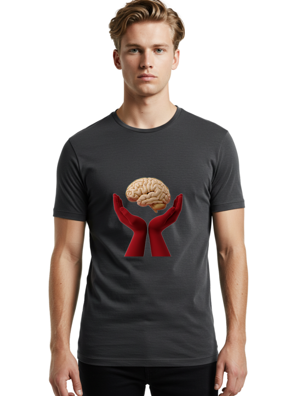 Hands-Holding-Brain-1 Men'S Graphic Tee, 100% Cotton, Comfortable Casual Summer Wear, Machine Washable, Human Brain, Hands Holding Brain, Cognitive Function, Neuroscience, Human Anatomy, Red Gloves, Realistic Brain Model, Medical Illustration, Bae029