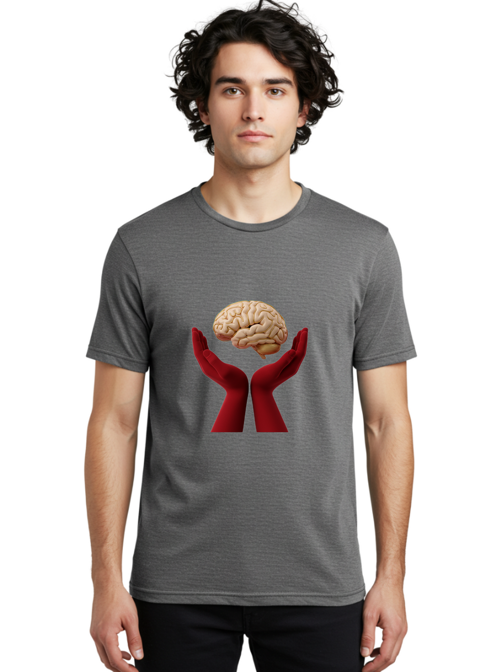 Hands-Holding-Brain-1 Men'S Graphic Tee, 100% Cotton, Comfortable Casual Summer Wear, Machine Washable, Human Brain, Hands Holding Brain, Cognitive Function, Neuroscience, Human Anatomy, Red Gloves, Realistic Brain Model, Medical Illustration, Bae029