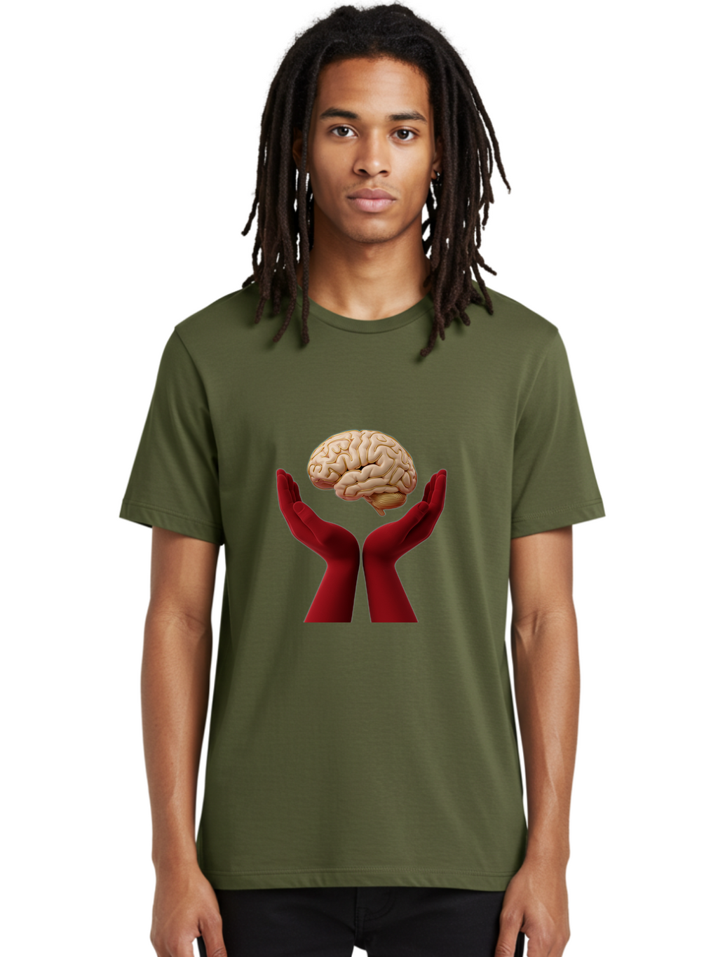 Hands-Holding-Brain-1 Men'S Graphic Tee, 100% Cotton, Comfortable Casual Summer Wear, Machine Washable, Human Brain, Hands Holding Brain, Cognitive Function, Neuroscience, Human Anatomy, Red Gloves, Realistic Brain Model, Medical Illustration, Bae029