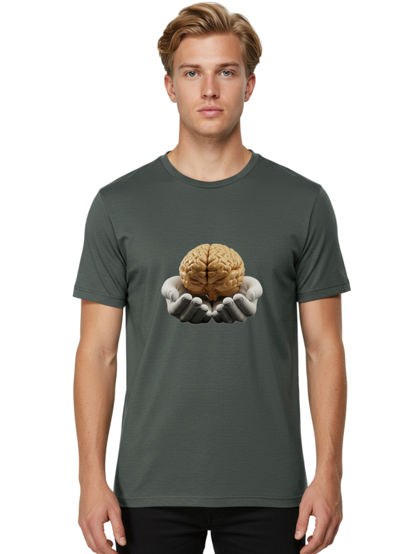 Hands-Holding-Brain Men'S Graphic Tee, 100% Cotton, Comfortable Casual Summer Wear, Machine Washable, Human Brain, Robotic Hands, Neuroscience, Cognitive Function, Artificial Intelligence, Brain Research, Neural Connections, Bae030
