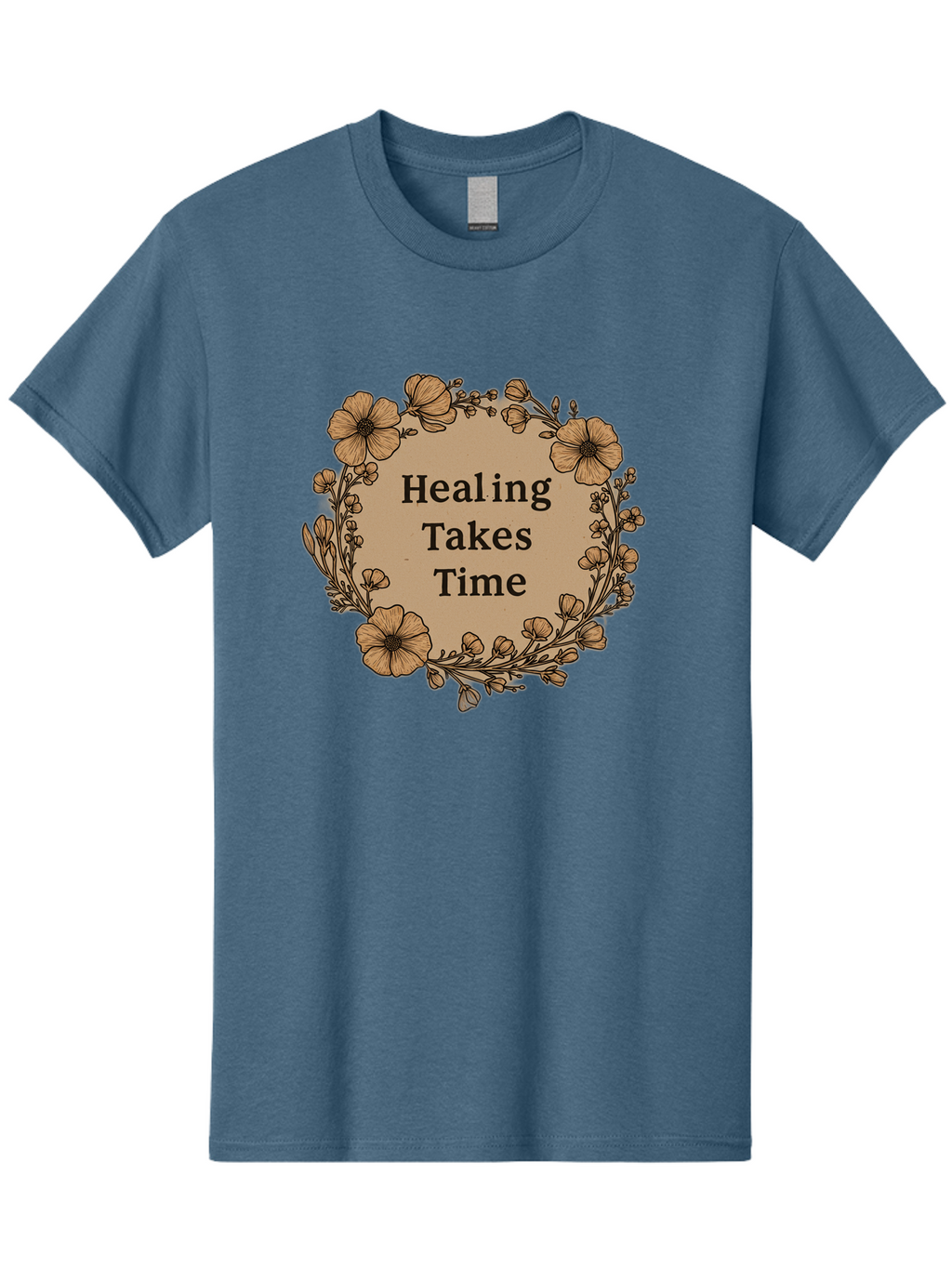 Healing-Takes-Time-2 Men'S Graphic Tee, 100% Cotton, Comfortable Casual Summer Wear, Machine Washable, Healing Takes Time, Inspirational Quote, Motivational Message, Floral Wreath, Delicate Flowers, Serene Atmosphere, Self-Care Reminder, Bae032