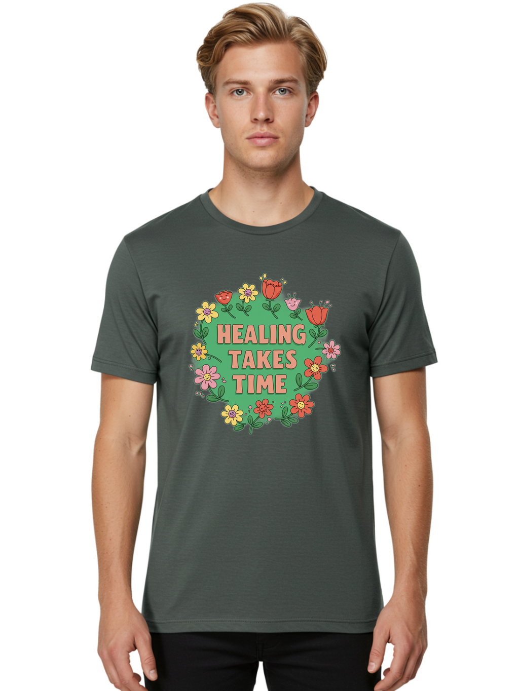 Healing-Takes-Time-3 Men'S Graphic Tee, 100% Cotton, Comfortable Casual Summer Wear, Machine Washable, Floral Wreath, Healing Takes Time, Inspirational Quote, Motivational Message, Self Care, Wellness, Mindfulness, Positive Affirmation Bae033