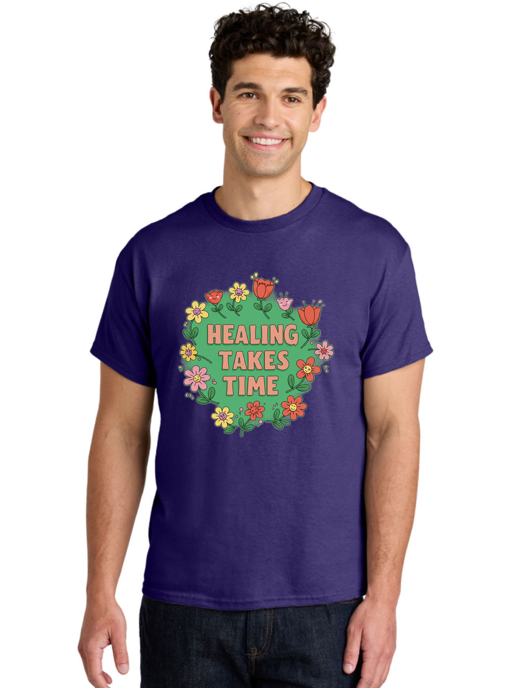 Healing-Takes-Time-3 Men'S Graphic Tee, 100% Cotton, Comfortable Casual Summer Wear, Machine Washable, Floral Wreath, Healing Takes Time, Inspirational Quote, Motivational Message, Self Care, Wellness, Mindfulness, Positive Affirmation Bae033