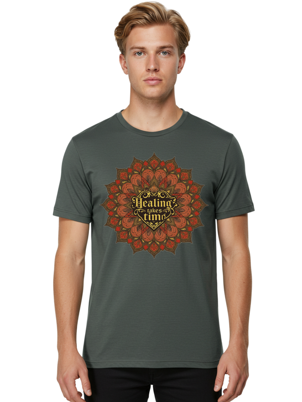 Healing-Takes-Time-4 Men'S Graphic Tee, 100% Cotton, Comfortable Casual Summer Wear, Machine Washable, Mandala Design, Healing Takes Time, Red And Gold Patterns, Intricate Details, Motivational Quote, Mindfulness, Self-Care, Bae034
