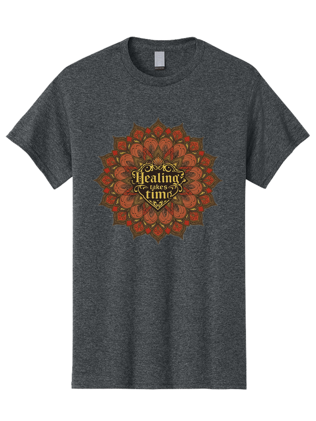 Healing-Takes-Time-4 Men'S Graphic Tee, 100% Cotton, Comfortable Casual Summer Wear, Machine Washable, Mandala Design, Healing Takes Time, Red And Gold Patterns, Intricate Details, Motivational Quote, Mindfulness, Self-Care, Bae034