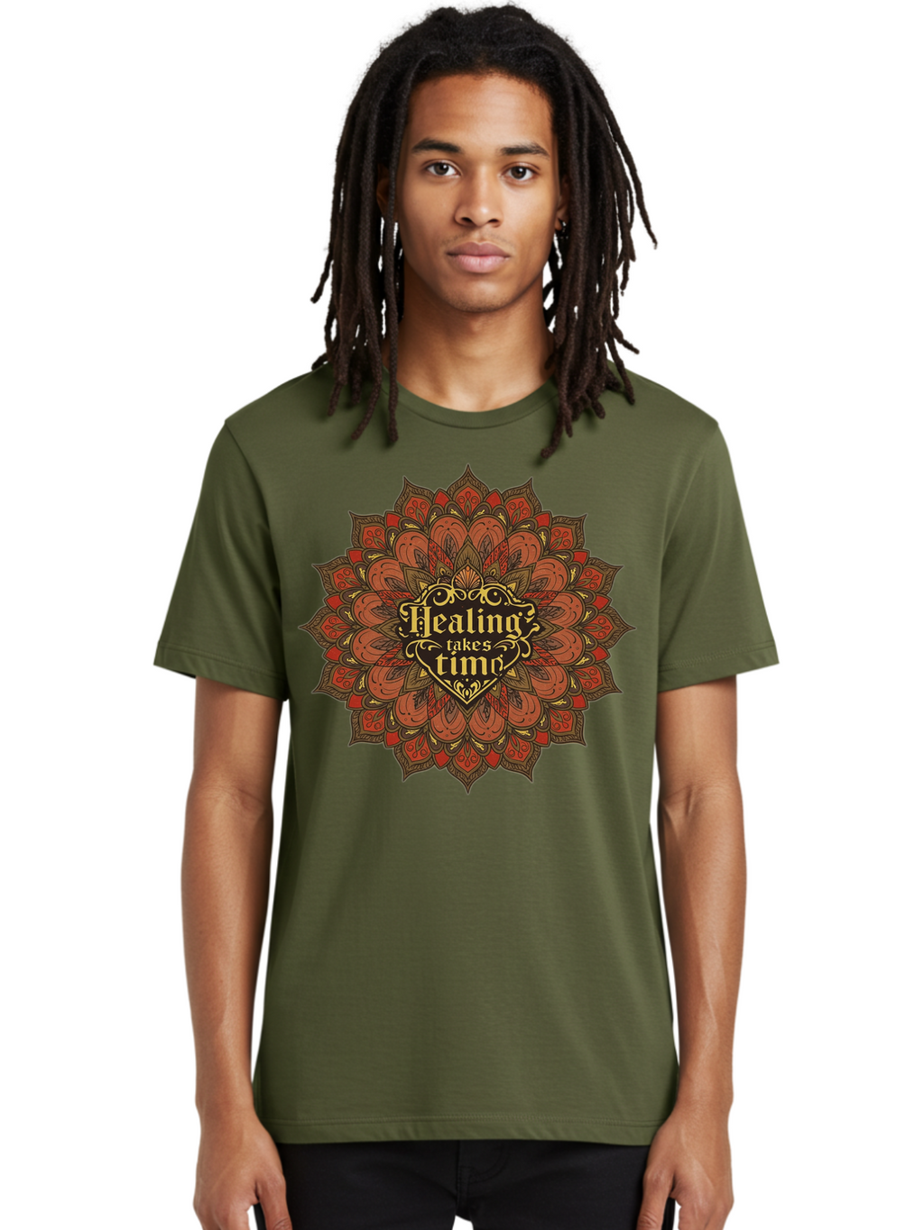 Healing-Takes-Time-4 Men'S Graphic Tee, 100% Cotton, Comfortable Casual Summer Wear, Machine Washable, Mandala Design, Healing Takes Time, Red And Gold Patterns, Intricate Details, Motivational Quote, Mindfulness, Self-Care, Bae034