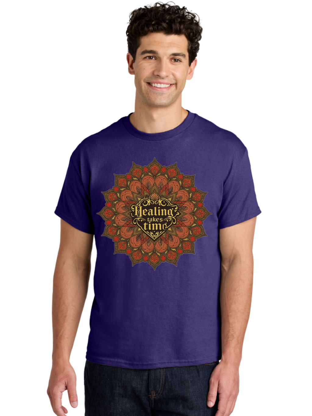 Healing-Takes-Time-4 Men'S Graphic Tee, 100% Cotton, Comfortable Casual Summer Wear, Machine Washable, Mandala Design, Healing Takes Time, Red And Gold Patterns, Intricate Details, Motivational Quote, Mindfulness, Self-Care, Bae034