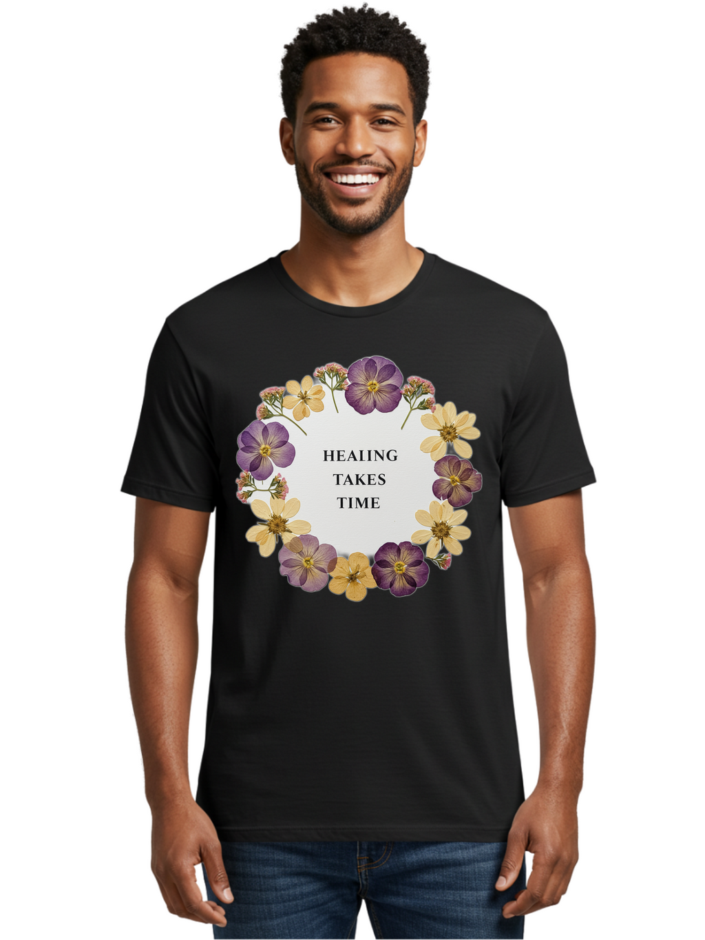 Healing-Takes-Time-5 Men'S Graphic Tee, 100% Cotton, Comfortable Casual Summer Wear, Machine Washable, Healing Takes Time, Purple And Yellow Flowers, Floral Wreath, Inspirational Quote, Motivational Message, Mental Health Awareness, Self Care, Bae035