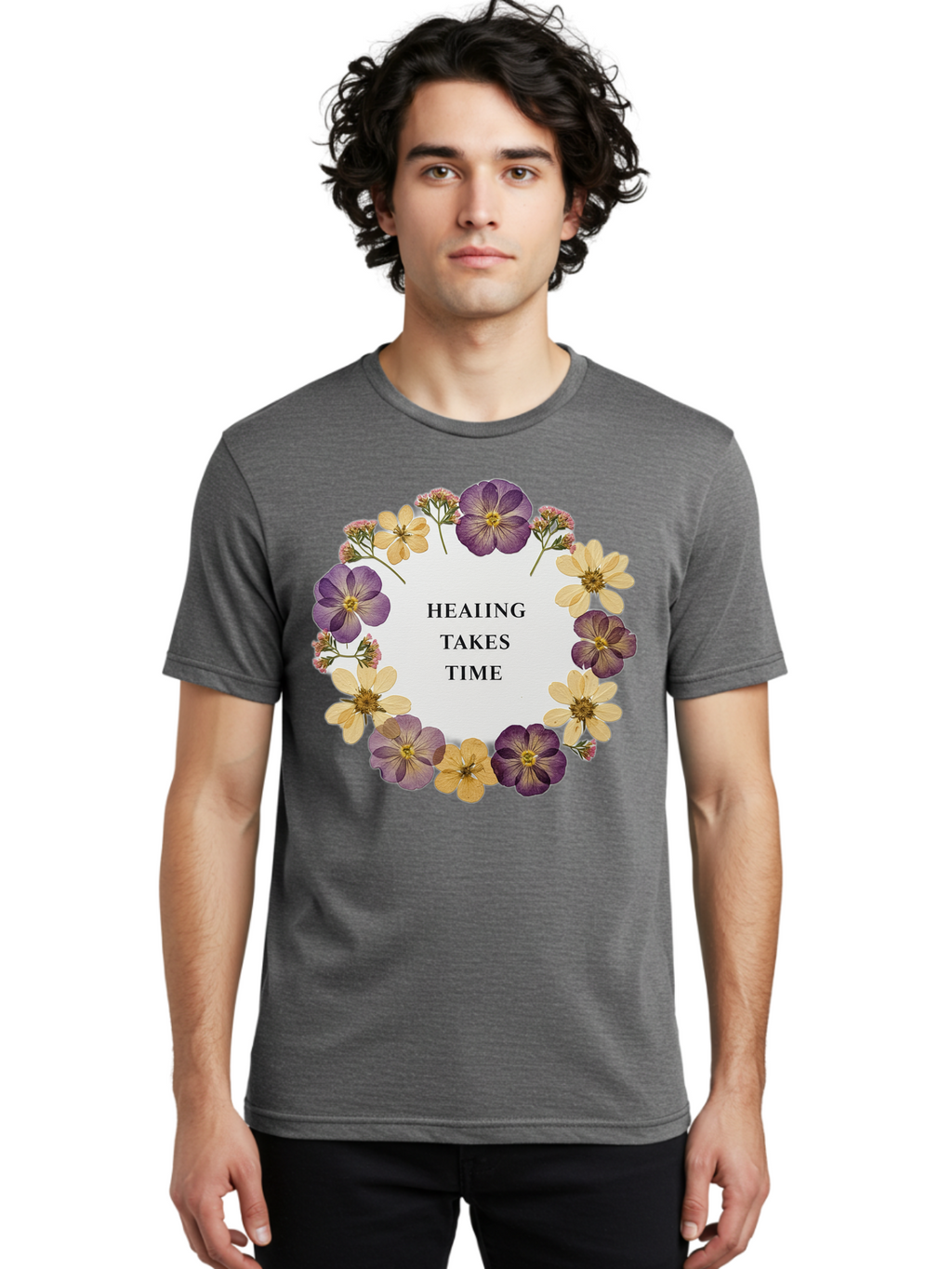 Healing-Takes-Time-5 Men'S Graphic Tee, 100% Cotton, Comfortable Casual Summer Wear, Machine Washable, Healing Takes Time, Purple And Yellow Flowers, Floral Wreath, Inspirational Quote, Motivational Message, Mental Health Awareness, Self Care, Bae035