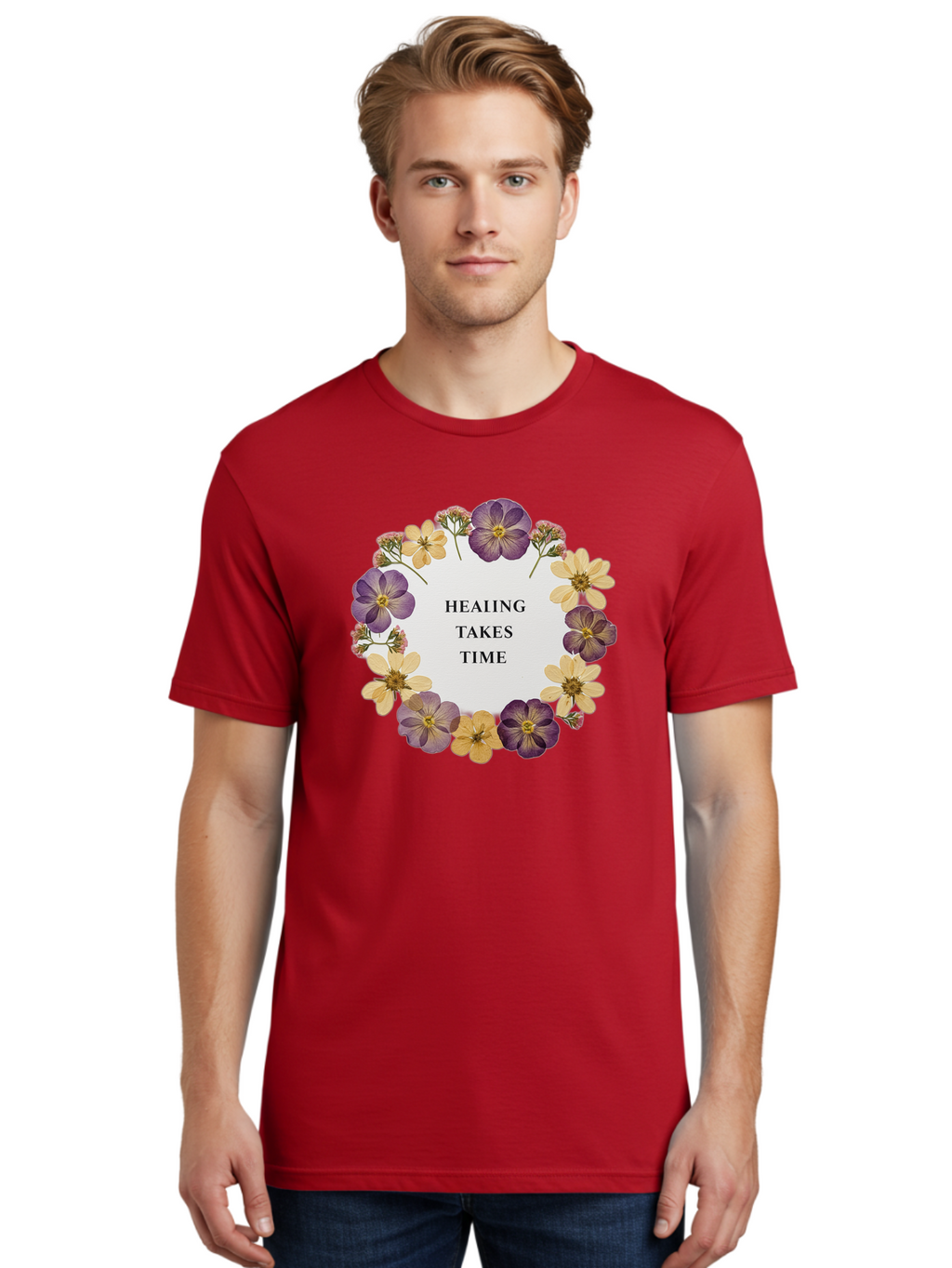 Healing-Takes-Time-5 Men'S Graphic Tee, 100% Cotton, Comfortable Casual Summer Wear, Machine Washable, Healing Takes Time, Purple And Yellow Flowers, Floral Wreath, Inspirational Quote, Motivational Message, Mental Health Awareness, Self Care, Bae035
