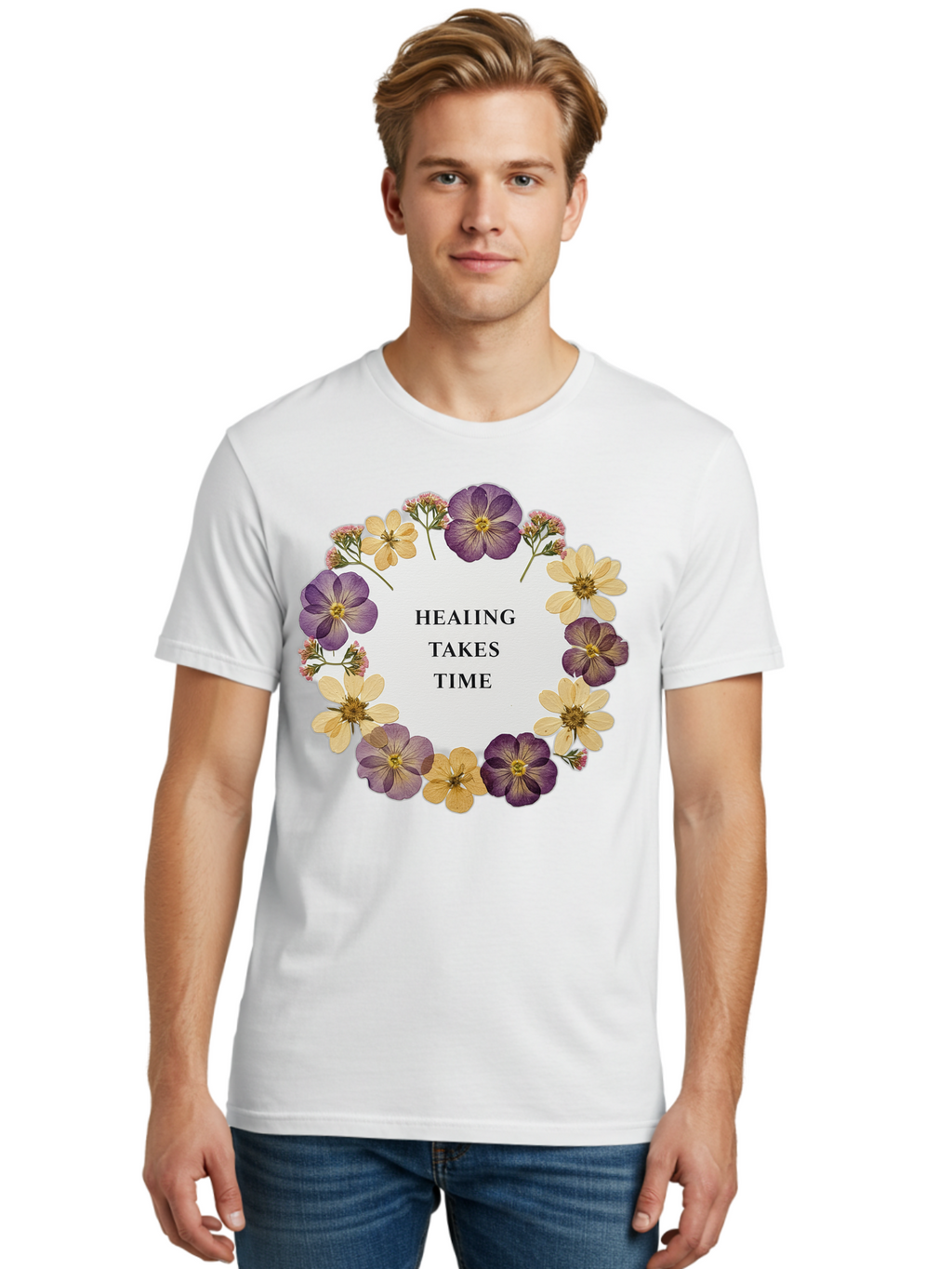 Healing-Takes-Time-5 Men'S Graphic Tee, 100% Cotton, Comfortable Casual Summer Wear, Machine Washable, Healing Takes Time, Purple And Yellow Flowers, Floral Wreath, Inspirational Quote, Motivational Message, Mental Health Awareness, Self Care, Bae035
