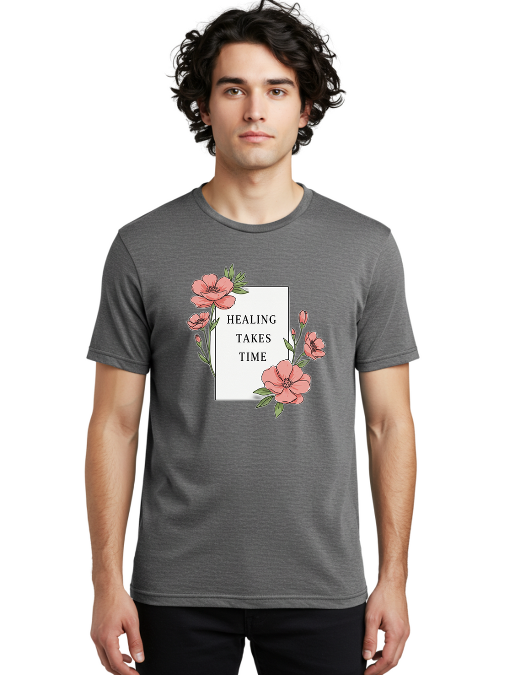 Healing-Takes-Time Men'S Graphic Tee, 100% Cotton, Comfortable Casual Summer Wear, Machine Washable, Inspirational Quote, Healing Process, Floral Illustration, Pink Flowers, Motivational Message, Self Care, Wellness, Mental Health Awareness, Bae036