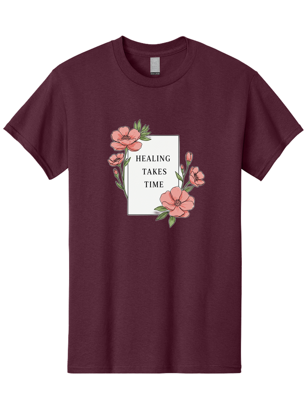 Healing-Takes-Time Men'S Graphic Tee, 100% Cotton, Comfortable Casual Summer Wear, Machine Washable, Inspirational Quote, Healing Process, Floral Illustration, Pink Flowers, Motivational Message, Self Care, Wellness, Mental Health Awareness, Bae036