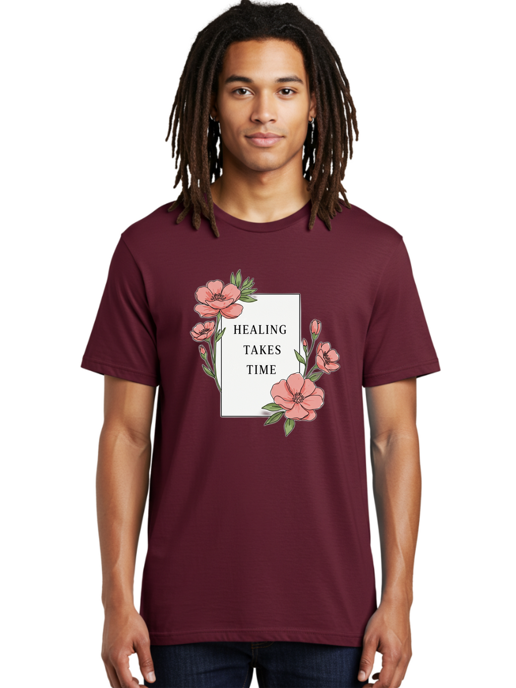 Healing-Takes-Time Men'S Graphic Tee, 100% Cotton, Comfortable Casual Summer Wear, Machine Washable, Inspirational Quote, Healing Process, Floral Illustration, Pink Flowers, Motivational Message, Self Care, Wellness, Mental Health Awareness, Bae036