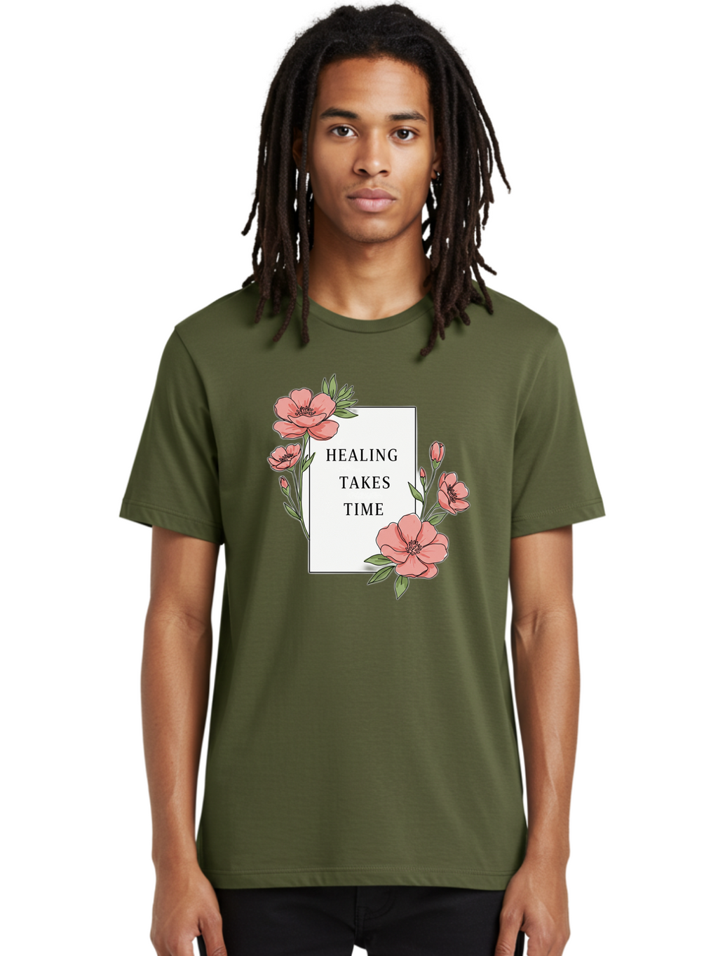Healing-Takes-Time Men'S Graphic Tee, 100% Cotton, Comfortable Casual Summer Wear, Machine Washable, Inspirational Quote, Healing Process, Floral Illustration, Pink Flowers, Motivational Message, Self Care, Wellness, Mental Health Awareness, Bae036