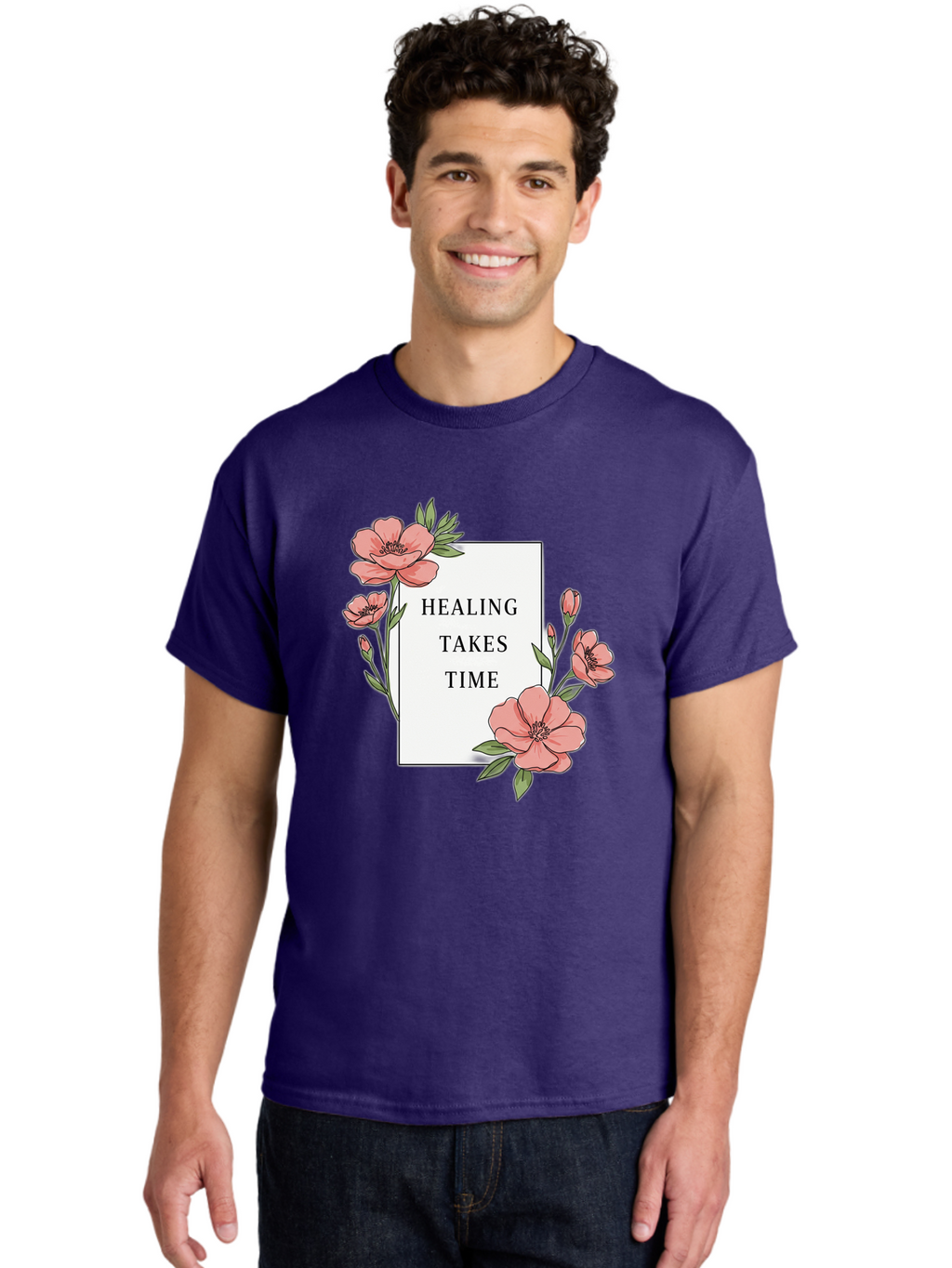 Healing-Takes-Time Men'S Graphic Tee, 100% Cotton, Comfortable Casual Summer Wear, Machine Washable, Inspirational Quote, Healing Process, Floral Illustration, Pink Flowers, Motivational Message, Self Care, Wellness, Mental Health Awareness, Bae036