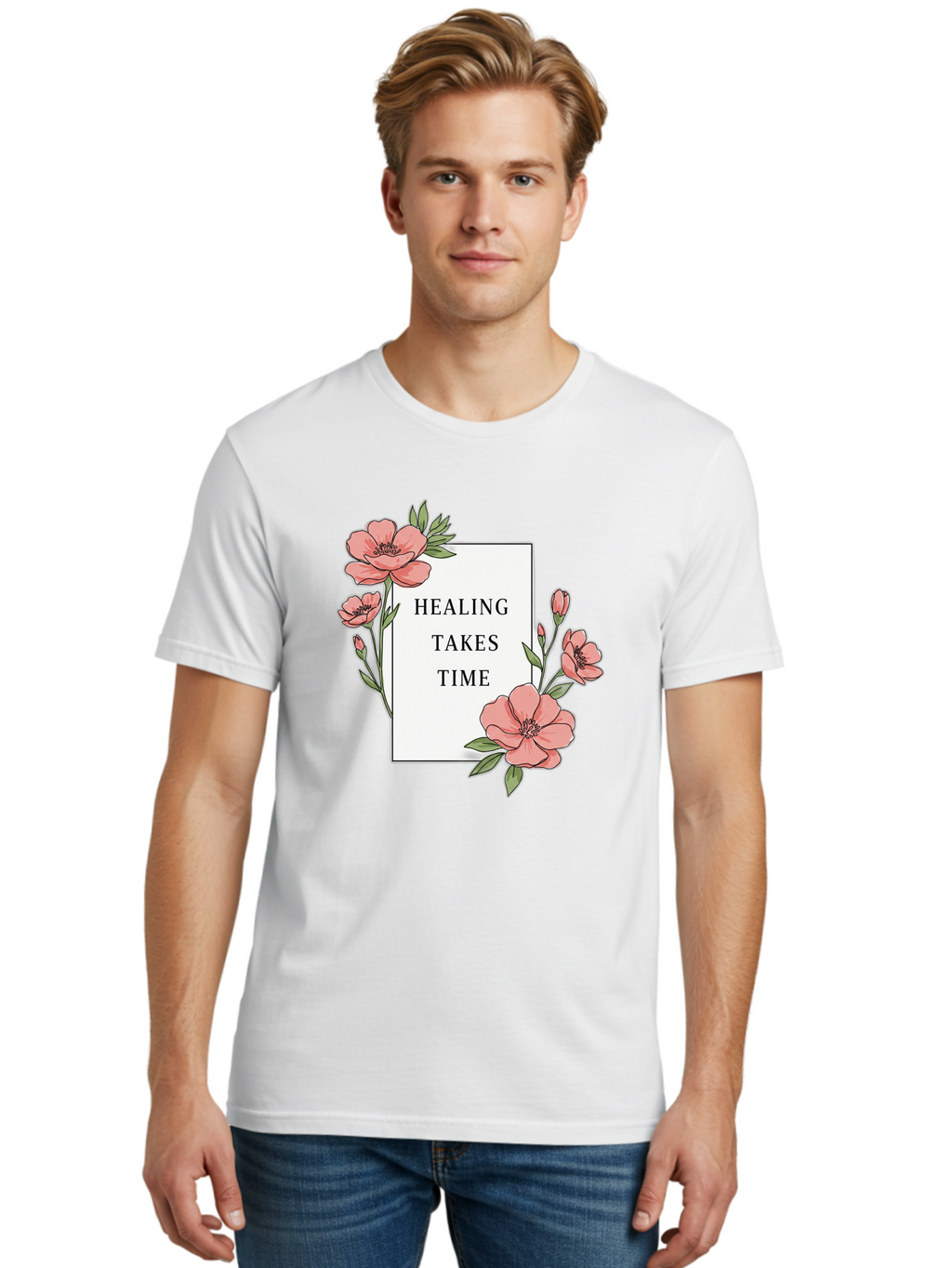 Healing-Takes-Time Men'S Graphic Tee, 100% Cotton, Comfortable Casual Summer Wear, Machine Washable, Inspirational Quote, Healing Process, Floral Illustration, Pink Flowers, Motivational Message, Self Care, Wellness, Mental Health Awareness, Bae036