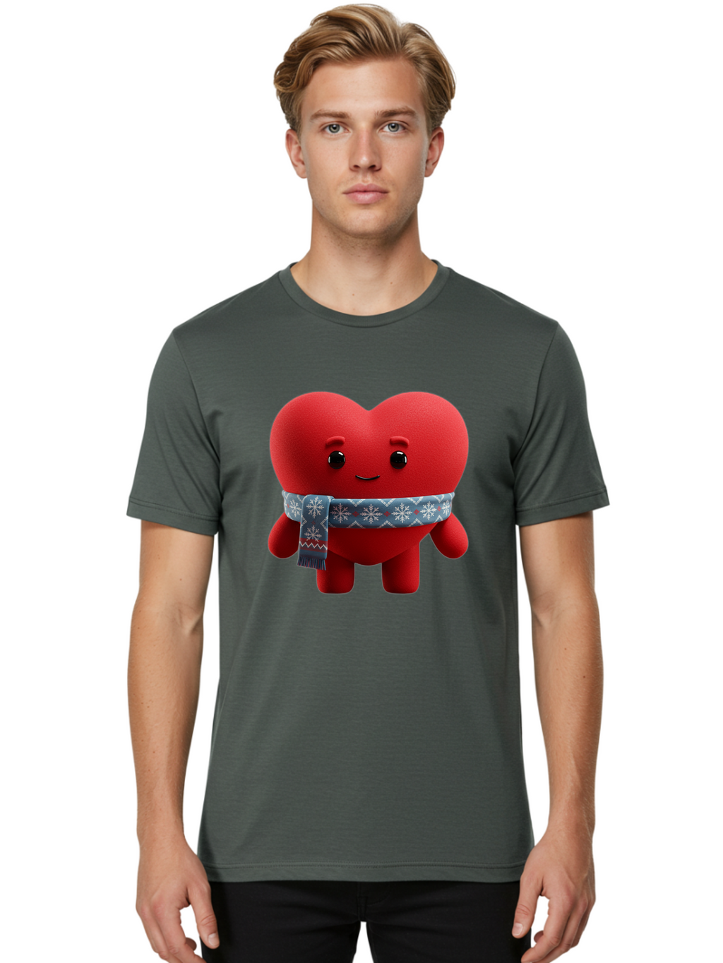 Heart-Character-2 Men'S Graphic Tee, 100% Cotton, Comfortable Casual Summer Wear, Machine Washable, Heart Character, Red Heart, Snowflake Scarf, Winter Theme, Cute Character, Love Symbol, Festive Design, Cartoon Heart, Smiling Face Bae038