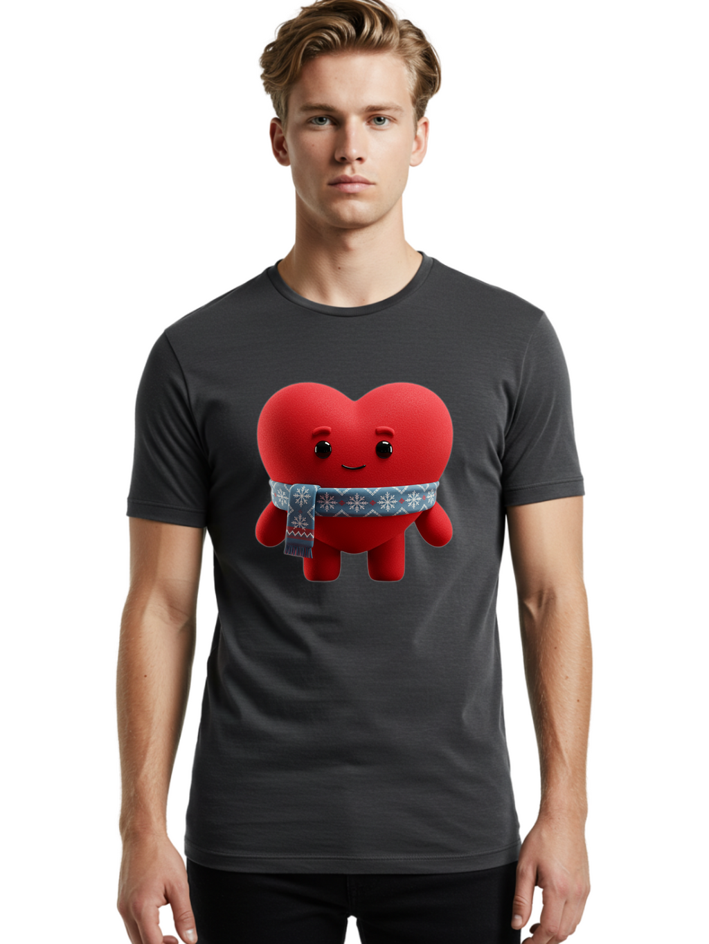 Heart-Character-2 Men'S Graphic Tee, 100% Cotton, Comfortable Casual Summer Wear, Machine Washable, Heart Character, Red Heart, Snowflake Scarf, Winter Theme, Cute Character, Love Symbol, Festive Design, Cartoon Heart, Smiling Face Bae038