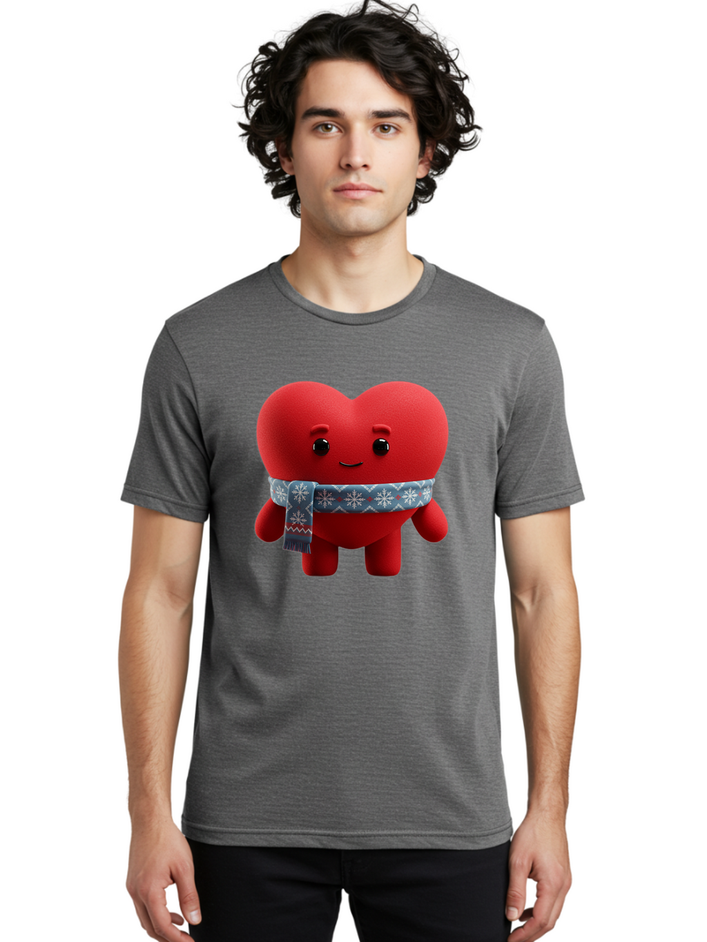 Heart-Character-2 Men'S Graphic Tee, 100% Cotton, Comfortable Casual Summer Wear, Machine Washable, Heart Character, Red Heart, Snowflake Scarf, Winter Theme, Cute Character, Love Symbol, Festive Design, Cartoon Heart, Smiling Face Bae038