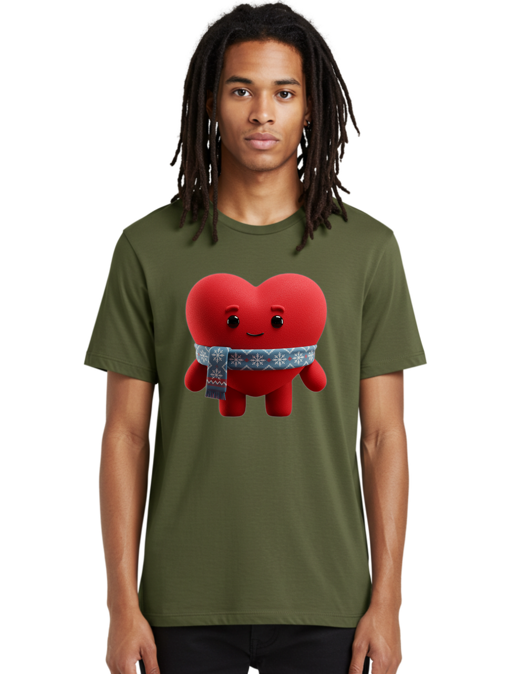 Heart-Character-2 Men'S Graphic Tee, 100% Cotton, Comfortable Casual Summer Wear, Machine Washable, Heart Character, Red Heart, Snowflake Scarf, Winter Theme, Cute Character, Love Symbol, Festive Design, Cartoon Heart, Smiling Face Bae038