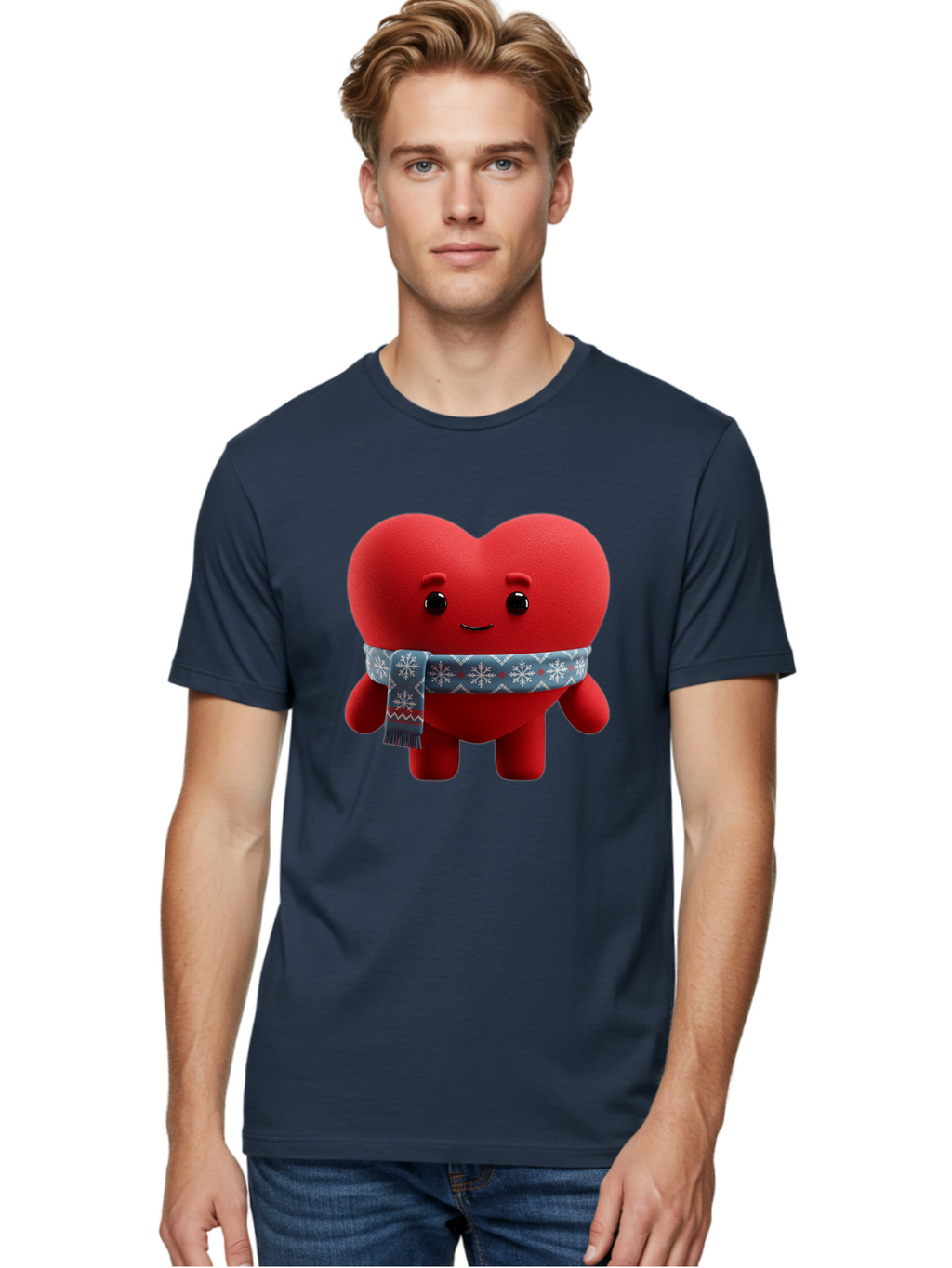 Heart-Character-2 Men'S Graphic Tee, 100% Cotton, Comfortable Casual Summer Wear, Machine Washable, Heart Character, Red Heart, Snowflake Scarf, Winter Theme, Cute Character, Love Symbol, Festive Design, Cartoon Heart, Smiling Face Bae038