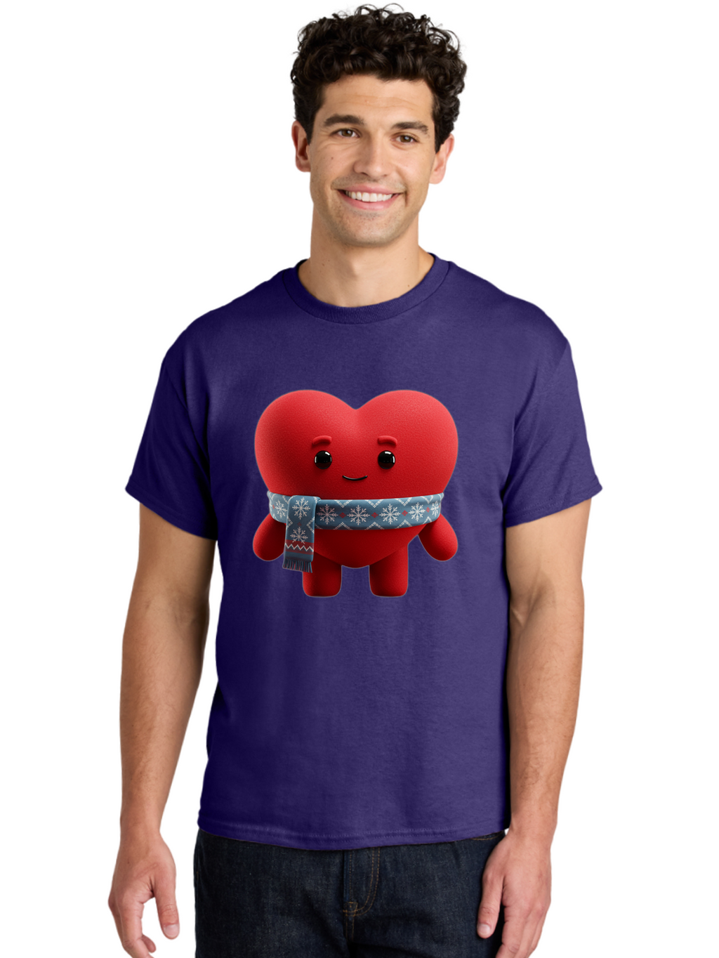 Heart-Character-2 Men'S Graphic Tee, 100% Cotton, Comfortable Casual Summer Wear, Machine Washable, Heart Character, Red Heart, Snowflake Scarf, Winter Theme, Cute Character, Love Symbol, Festive Design, Cartoon Heart, Smiling Face Bae038
