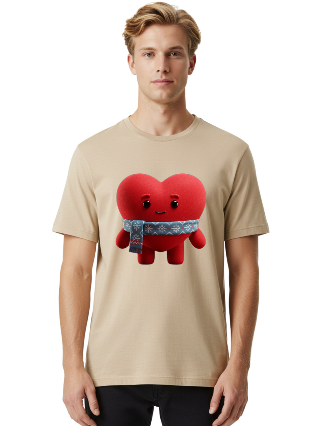 Heart-Character-2 Men'S Graphic Tee, 100% Cotton, Comfortable Casual Summer Wear, Machine Washable, Heart Character, Red Heart, Snowflake Scarf, Winter Theme, Cute Character, Love Symbol, Festive Design, Cartoon Heart, Smiling Face Bae038