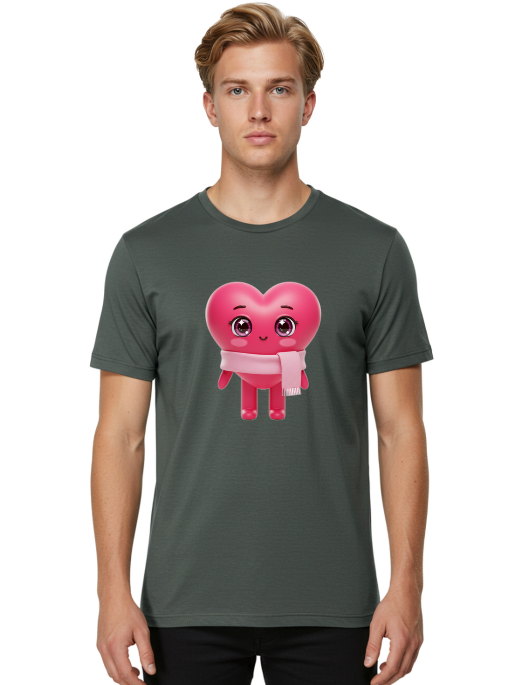 Heart-Character Men'S Graphic Tee, 100% Cotton, Comfortable Casual Summer Wear, Machine Washable, Pink Heart Character, 3D Cartoon Character, Cute Face, Large Eyes, Pink Scarf, Adorable Expression, Cartoon Style, Heart Shape, Digital Art, Bae039