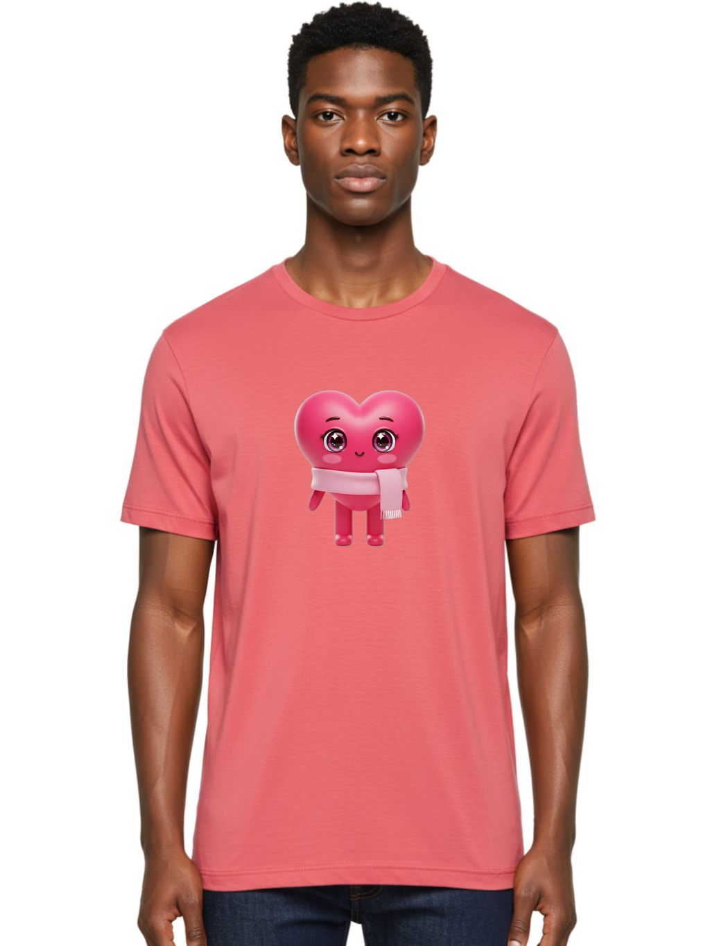 Heart-Character Men'S Graphic Tee, 100% Cotton, Comfortable Casual Summer Wear, Machine Washable, Pink Heart Character, 3D Cartoon Character, Cute Face, Large Eyes, Pink Scarf, Adorable Expression, Cartoon Style, Heart Shape, Digital Art, Bae039