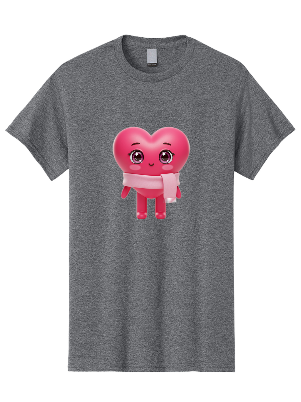 Heart-Character Men'S Graphic Tee, 100% Cotton, Comfortable Casual Summer Wear, Machine Washable, Pink Heart Character, 3D Cartoon Character, Cute Face, Large Eyes, Pink Scarf, Adorable Expression, Cartoon Style, Heart Shape, Digital Art, Bae039