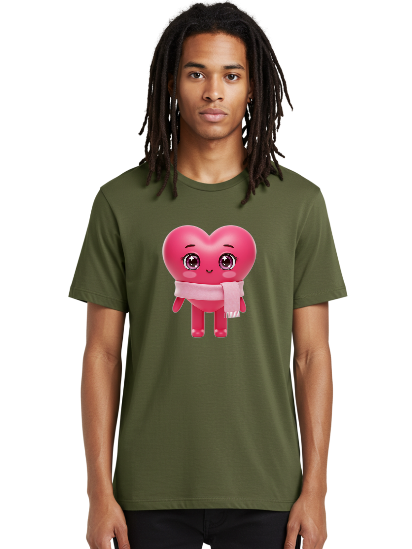 Heart-Character Men'S Graphic Tee, 100% Cotton, Comfortable Casual Summer Wear, Machine Washable, Pink Heart Character, 3D Cartoon Character, Cute Face, Large Eyes, Pink Scarf, Adorable Expression, Cartoon Style, Heart Shape, Digital Art, Bae039