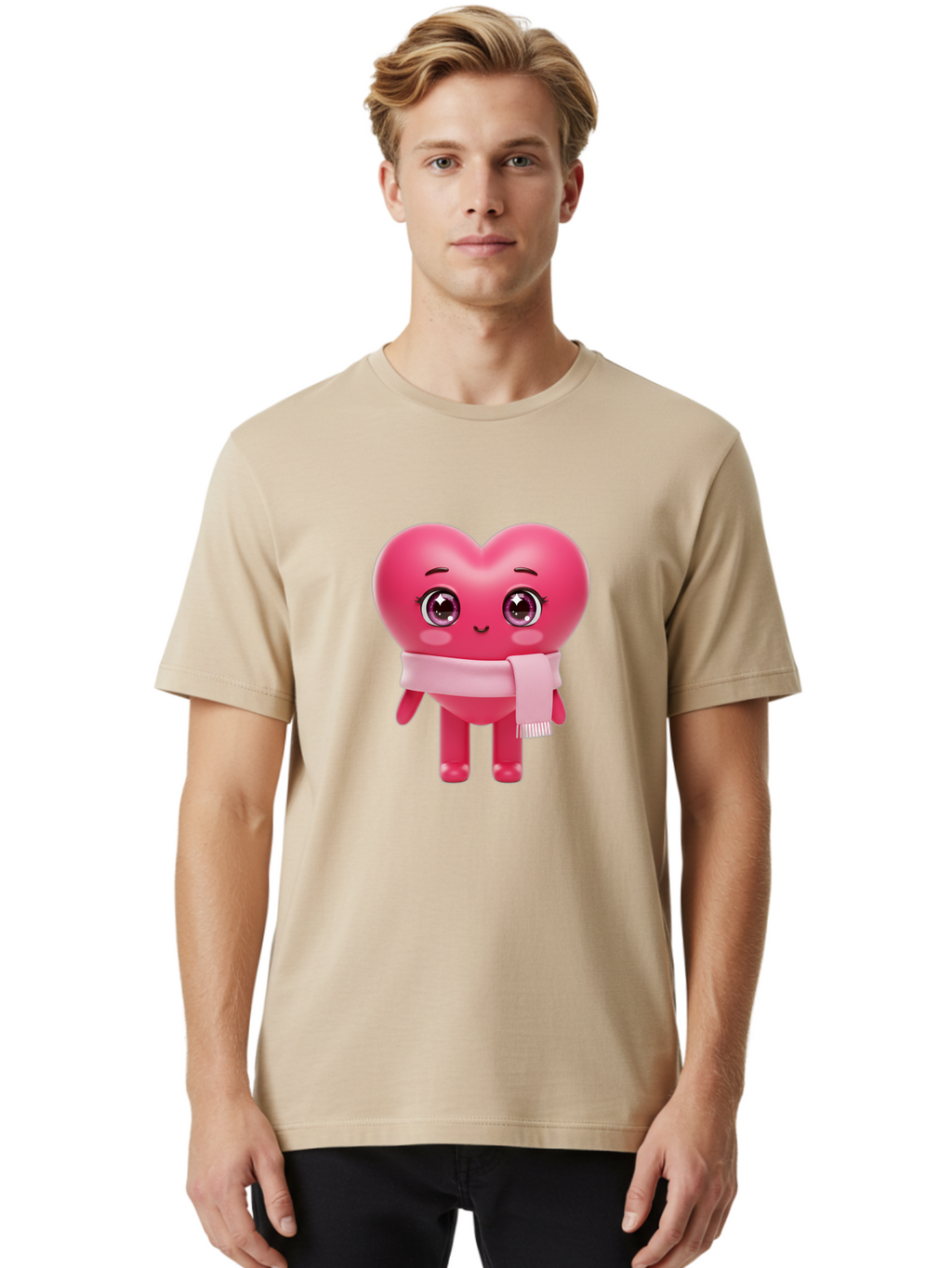 Heart-Character Men'S Graphic Tee, 100% Cotton, Comfortable Casual Summer Wear, Machine Washable, Pink Heart Character, 3D Cartoon Character, Cute Face, Large Eyes, Pink Scarf, Adorable Expression, Cartoon Style, Heart Shape, Digital Art, Bae039